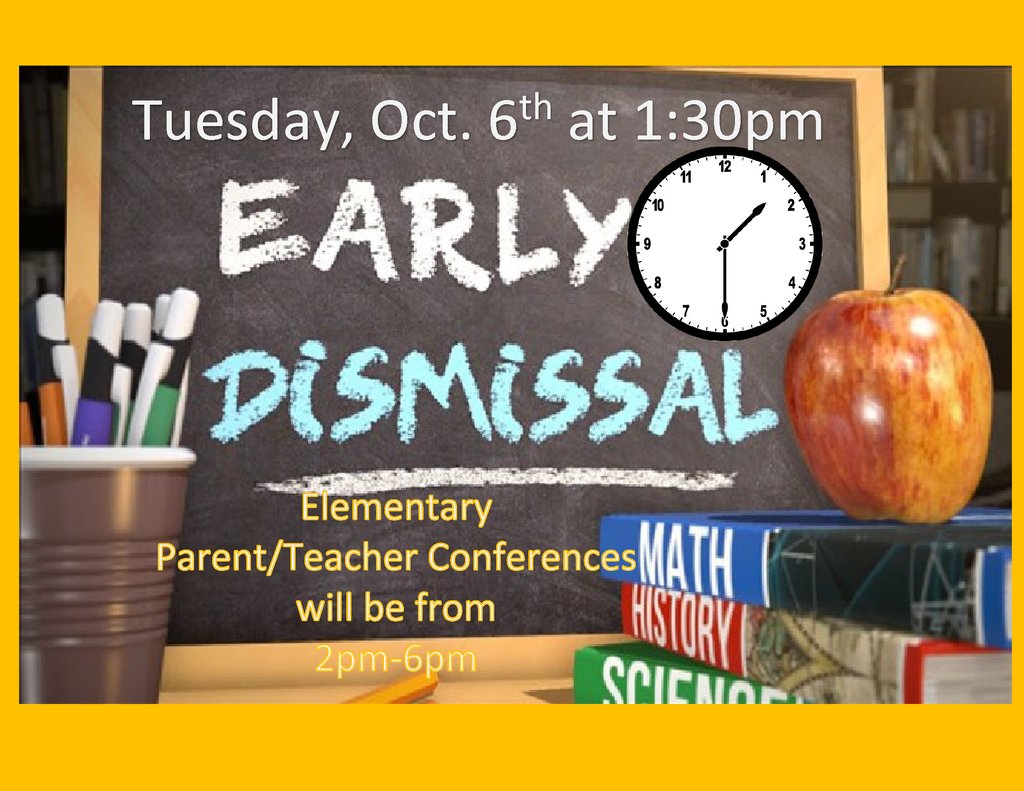 HSDBullDogs's tweet photo. ALL students will have early out tomorrow,  Tuesday, October 6, 2026 at 1:30pm. Parent/Teacher Conferences will begin at 2pm for Elementary only! https://t.co/LT2YZ9ChEf