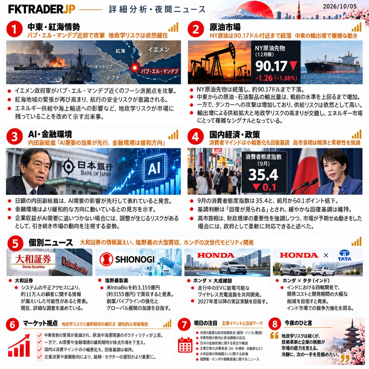 FKTRADERJP's tweet photo. 今夜の注目は「地政学・原油・AI」。

中東リスクは続く一方、原油は90ドル前後まで下落。
AI関連は引き続き強く、日銀発言も市場の追い風に。

ただし、強い相場ほど過熱には注意⚠️
明日は円・原油・AI関連の継続性をチェックします。

#日本株 #日経平均 #半導体 #AI #原油 https://t.co/ee1unEa5o9