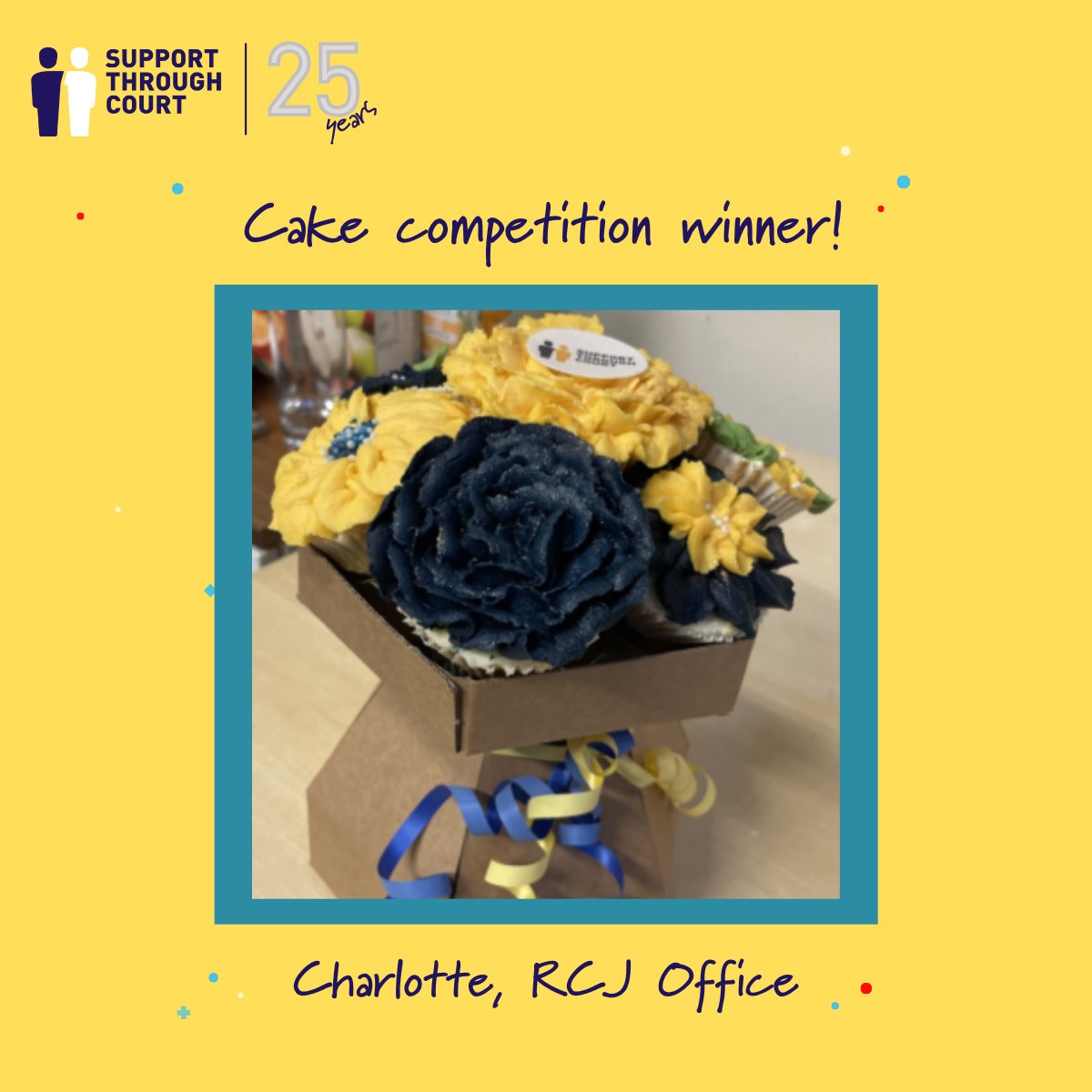 SupportTCourt's tweet photo. 🎂 And the winner is…

Congratulations to our London RCJ volunteer, Charlotte, whose beautiful Support Through Court-themed flower cupcakes were chosen as the winning entry of our 25th anniversary cake competition by our Service Committee trustees.

Congratulations!🎉 https://t.co/Y9yKqNC52r