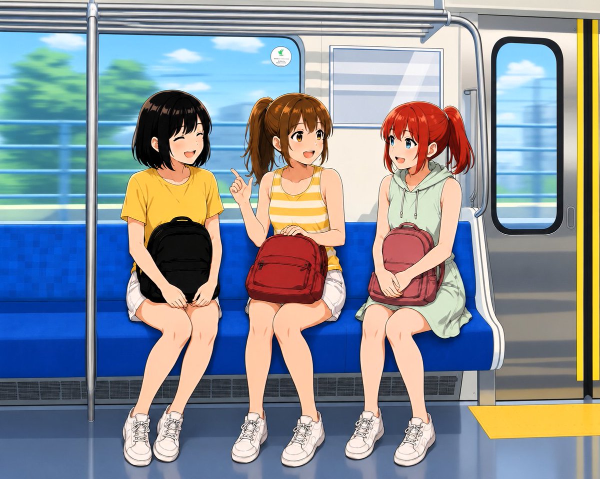 NewKatoChan's tweet photo. 昨日乗車したE131系200番台の車内を撮影してChatGPTでアニメーション風に仕立てて街へ出かける八田侑ちゃん・友江真美ちゃんに戸田詩織ちゃん、学校へ通学する柊愛衣ちゃんと柊愛依ちゃんです。

車内についてのツッコミは不要です、ChatGPTで生成したらこうなったw

#カワイイAIイラスト 
#ChatGPT https://t.co/WWU2eh8Sp4