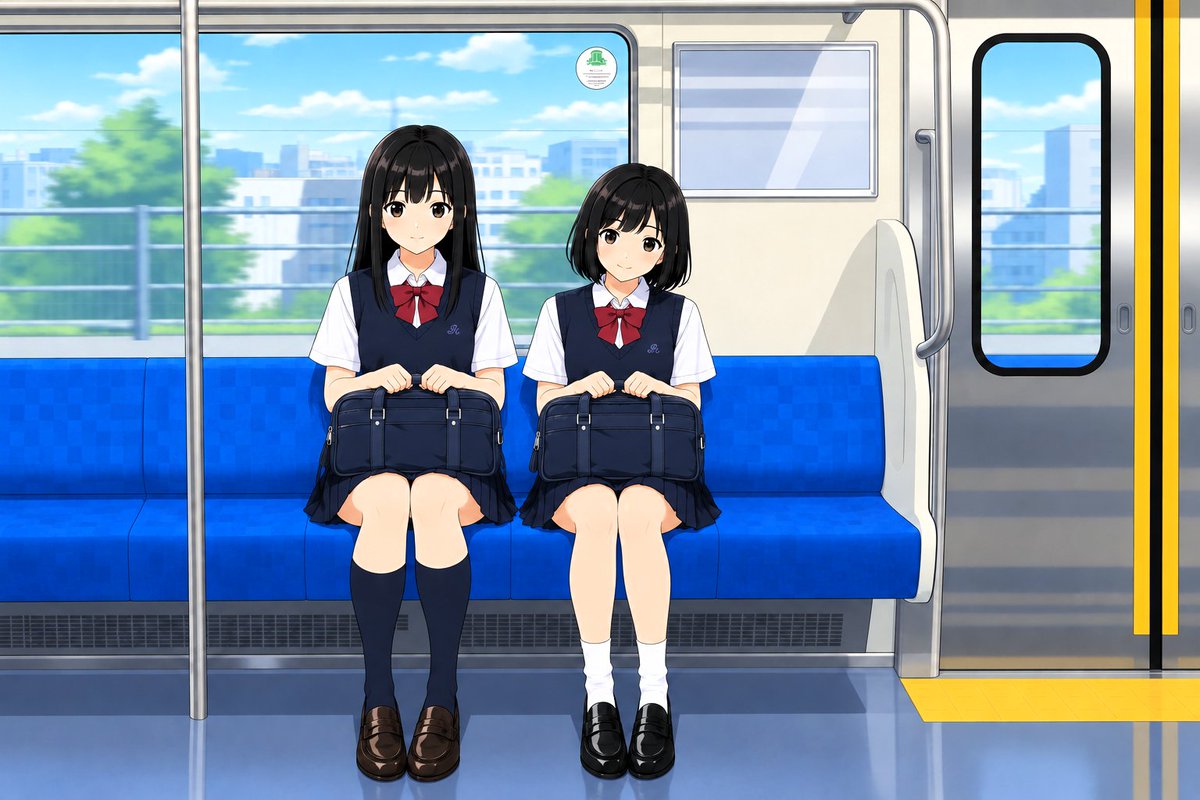 NewKatoChan's tweet photo. 昨日乗車したE131系200番台の車内を撮影してChatGPTでアニメーション風に仕立てて街へ出かける八田侑ちゃん・友江真美ちゃんに戸田詩織ちゃん、学校へ通学する柊愛衣ちゃんと柊愛依ちゃんです。

車内についてのツッコミは不要です、ChatGPTで生成したらこうなったw

#カワイイAIイラスト 
#ChatGPT https://t.co/WWU2eh8Sp4