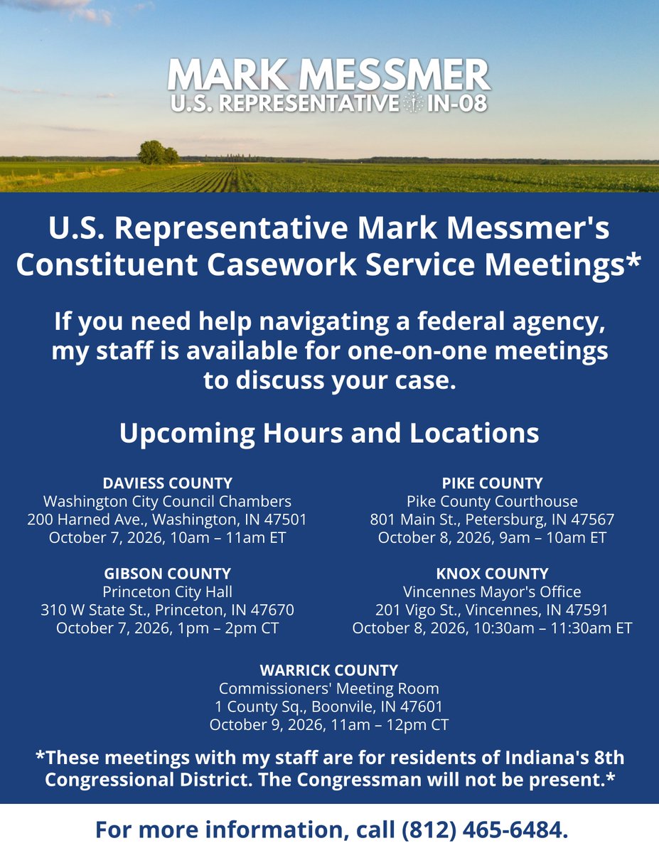 RepMessmer's tweet photo. Calling all #IN08 residents!

Do you need help with a federal agency? Come to one of my office's Constituent Casework Service Meetings!

Staff will be available to meet with you one-on-one to discuss and help you with your case.

Call my office at (812) 465-6484 for more info! https://t.co/Quf7SidpnM