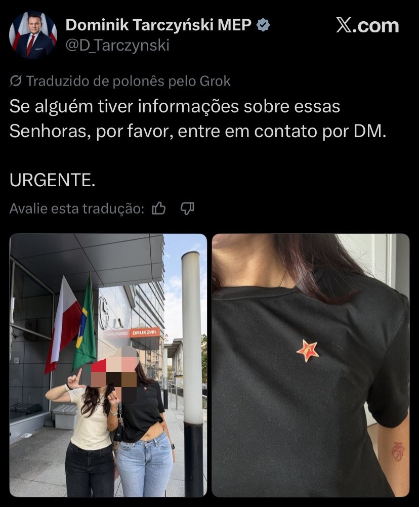 Delateinews's tweet photo. ⚠️URGENTE: Membro do Parlamento Europeu pela Polônia pede informações sobre duas brasileiras que moram e votam no país após uma delas usar broche do PT na camisa; na Polônia, a legislação proíbe a propaganda pública de ideologias totalitárias https://t.co/FBQdCi32ZC