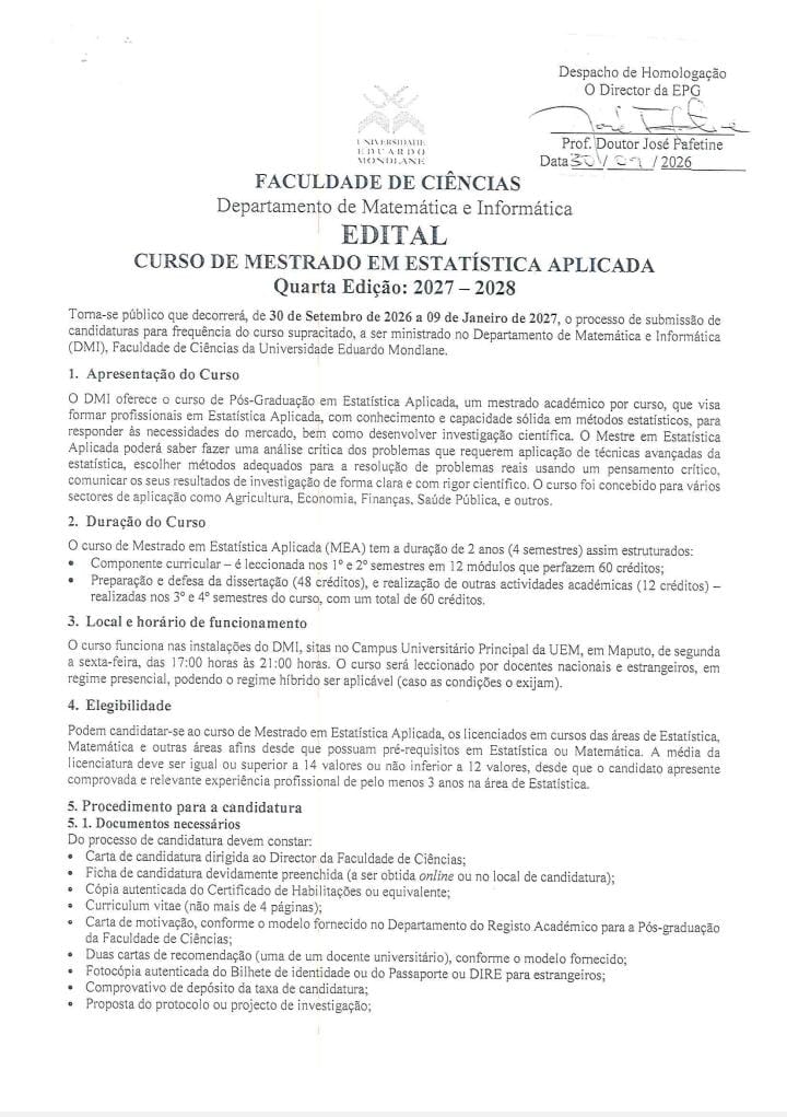 CIENCIASUEM's tweet photo. ATENÇÃO, FUTUROS MESTRES! 🎓📊
Já está disponível o edital para o Mestrado em Estatística Aplicada (4ª Edição – 2027/2028) da Faculdade de Ciências da UEM! Se o seu sonho é dominar a análise de dados e dar um salto na sua carreira, esta é a sua oportunidade! https://t.co/BNv0Rb4IhN