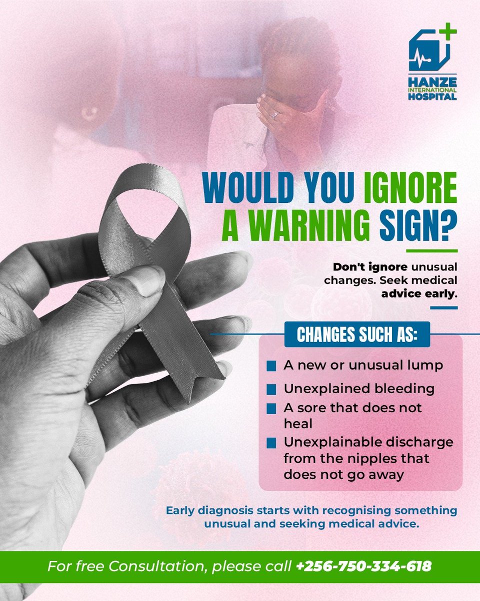 HanzeHealth's tweet photo. Would you ignore a warning sign? 🎗️ 
Unusual changes like new lumps, unexplained bleeding, or non-healing sores shouldn't be overlooked. Early diagnosis saves lives.

​Call +256-750-334-618 for a FREE consultation.
  
​#BreastCancerAwareness 
#EarlyDetection 
#HealthFirst https://t.co/5bsMNnXq1W