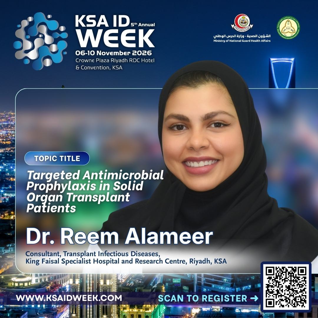 IDprofs's tweet photo. We are please to welcome DR. REEM ALAMEER to KSA ID Week 2026. 📢

Learn from the expert - register today!
📅 6-10 November 2026 | 📍 Crowne Plaza RDC, KSA
🌐 https://t.co/lE7NvY6ltJ

#KSAIDWeek2026 #InfectiousDiseases #MedicalEducation #Healthcare #Riyadh #SaudiArabia https://t.co/CojueEPfDR