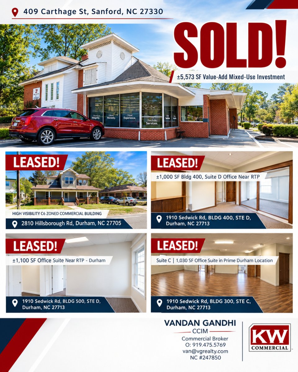 VGRealEstateNC's tweet photo. September: 1 sold, 4 leased 📈
SOLD: 409 Carthage St, downtown Sanford. 1920 brick, corner lot, 3 income units.
Why Sanford? Caterpillar ($1B) and STERIS ($600M) are investing in Lee County.
The next growth market rarely looks like one yet.
#CRE #vgrealty #kwcommercial #CCIM https://t.co/uGWgf4KRw9