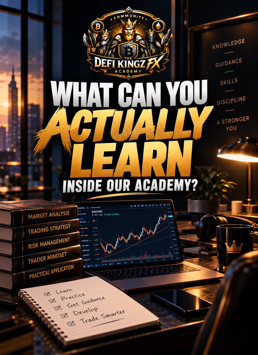 TheRealmOfDefi's tweet photo. WHAT CAN YOU ACTUALLY LEARN INSIDE DEFI KINGZ FX ACADEMY? 📈

Getting into Forex is easy.

You can find thousands of videos, strategies, indicators, signals and tutorials online within minutes.

But knowing where to start, what to focus on, and how to actually develop as a trader?

That’s where things get different.

At DeFi Kingz FX Academy, the goal isn’t simply to give you more information.

It’s about helping you develop the knowledge, skills and understanding needed to approach trading with greater structure and confidence.

Inside your learning journey, you can develop your understanding of:

📊 The Market
Learn how to understand what is happening in the market instead of simply reacting to every movement.

🧠 Trading Decisions
Develop the ability to think through your decisions rather than relying purely on emotions, guesses or random entries.

🎯 Your Trading Approach
Learn how to develop a more structured way of approaching the market and understand what works for your own trading journey.

📚 Trading Knowledge
Build a stronger foundation so you’re not constantly jumping from one strategy or piece of information to another.

💡 Practical Understanding
Move beyond simply knowing trading concepts and begin understanding how they can be applied.

🚀 Trader Development
Most importantly, develop over time. Because becoming a better trader isn’t about learning everything in one day — it’s about continuously improving your knowledge, decision-making and understanding.

And that’s the bigger picture.

The goal isn’t just to know more about Forex.

It’s to become more equipped to understand the market, make informed decisions and continue developing as a trader.

Your journey doesn’t have to start with knowing everything.

It starts with being willing to learn.

So the real question is:

Are you ready to start developing the trader you want to become?

Welcome to DeFi Kingz FX Academy.
