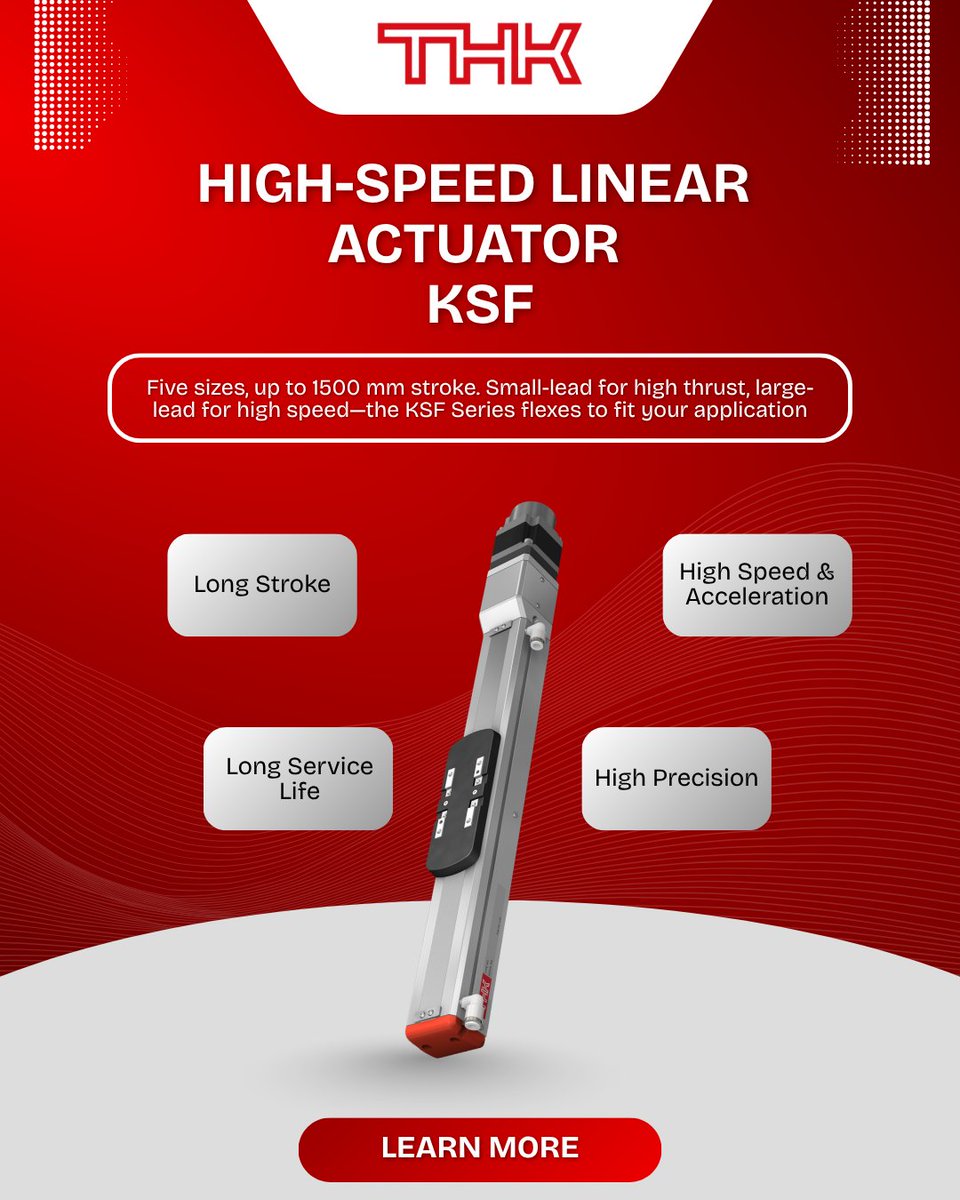 THKAmericaInc's tweet photo. Introducing the KSF High-Speed Linear Actuator. Available in five sizes with strokes up to 1500 mm
Learn more: https://t.co/c6x5ARAkF6
#THKAmerica #Automation #MotionControl #LinearActuator #Manufacturing #Engineering https://t.co/FcaoQEO63s
