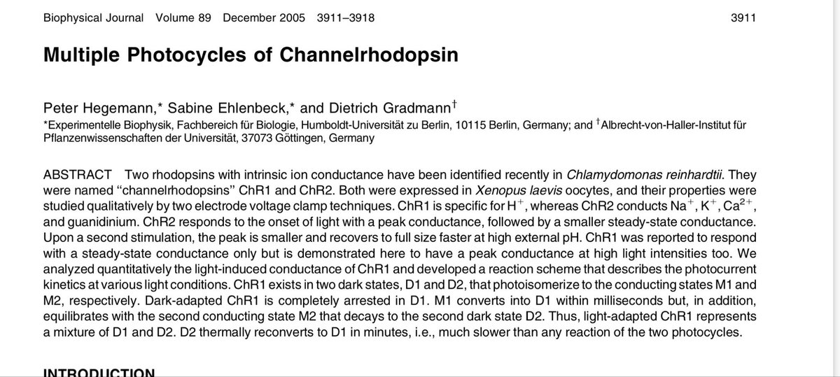 HistedLab's tweet photo. @KarlDeisseroth In addition to the big discoveries described in the Nobel Prize announcement, I’ll highlight this wonderful paper from Hegemann. 

They characterize the photocycles of ChR2.
This kind of careful, brick-in-the-wall work is key to science. https://t.co/uUdruBWoNo