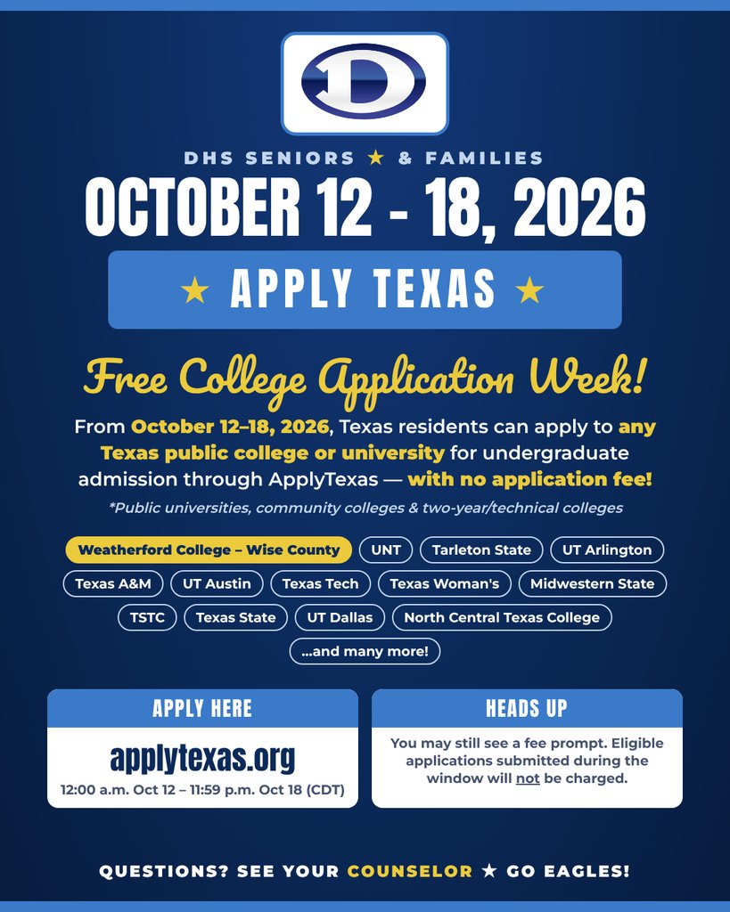 Decatur_HS's tweet photo. Attention Seniors! Free College Application Week! https://t.co/AGoz5T09vk