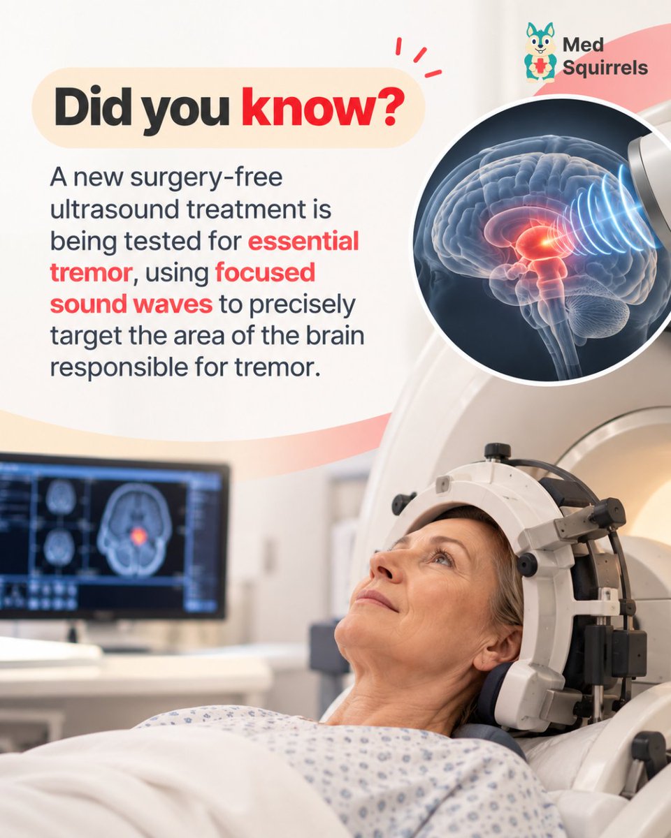 MedSquirrels's tweet photo. Focused ultrasound is being explored as a less invasive option for essential tremor, especially for people who don’t respond well to medication.
Stay ahead of healthcare innovation with #MedSquirrels.
#HealthcareInnovation #MedTech #Neurology #EssentialTremor #HealthTech https://t.co/m9UvEnt30v