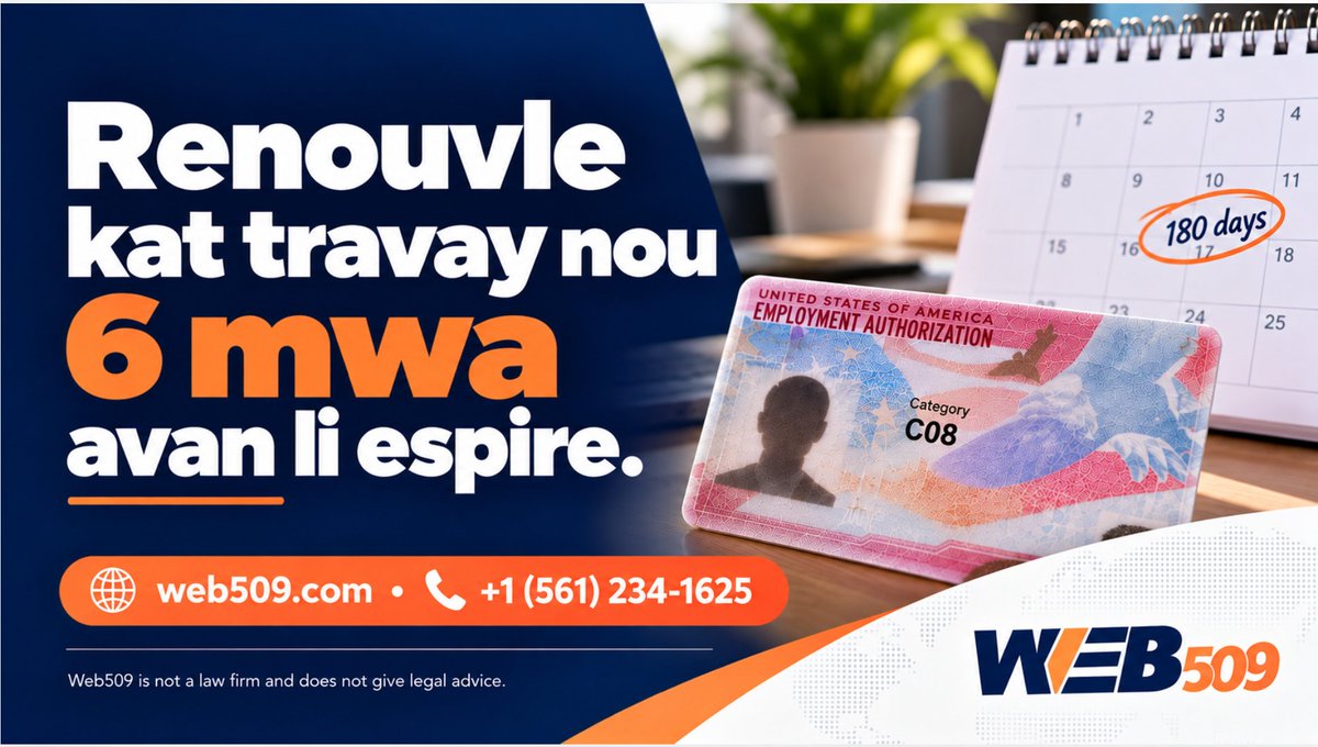 dennly109's tweet photo. #Update: Jan nou te konnen li, sa fè deja (1) yon ane depi USCIS pa bay ekstansyon otomatik ankò sou kat travay. Kidonk, moun kap renouvle kat travay yo, sitou C08, fò nou pran bonè. Depoze renouvèlman an 6 mwa (180 jou) avan kat la ekspire, sinon kafe nou ka koule ak ma. Fè anpil atansyon!
@web509_llc @LuckNews88