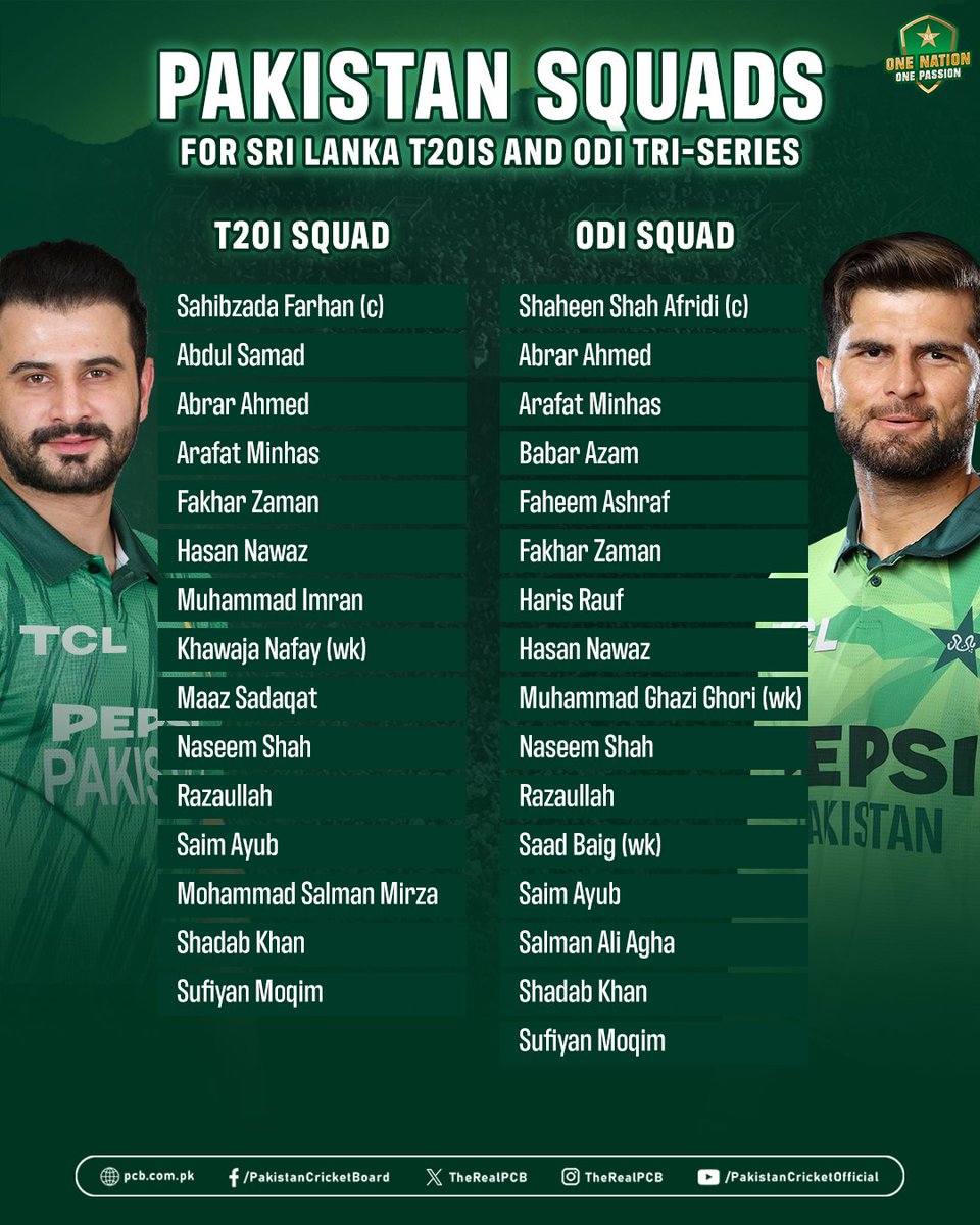 TheRealPCB's tweet photo. 📢 Pakistan squads announced for the three-match Sri Lanka T20I series and ODI tri-series featuring Sri Lanka and England 🇵🇰🏏

#PAKvSL | #PAKvENG | #BackTheBoysInGreen https://t.co/c8rT4BVr0S