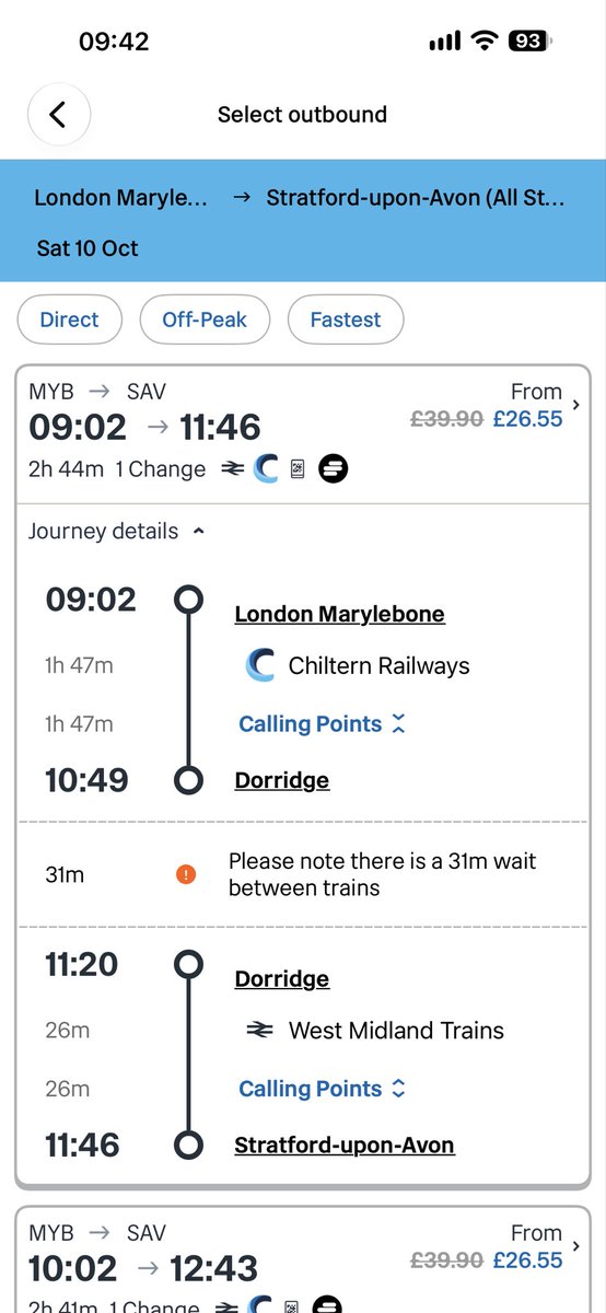 neen10105's tweet photo. @commuter_anon @chilternrailway This is all it says (on the Chiltern railway app). Doesn’t say I can’t use it on WMR train. It gives the WMR train as part of the route so anyone looking at this would assume the ticket is also valid on the WMR train. The National Rail app shows both LMR/WMR as part of the route https://t.co/PUlm0qB9i3