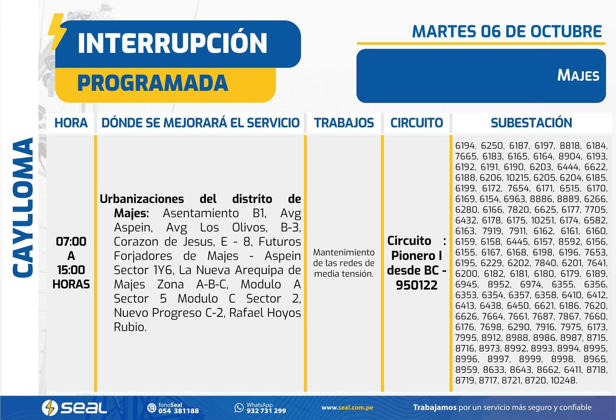 y_polemica's tweet photo. 🔵 #Arequipa Interrupción Programada de energía eléctrica

Seal informa para el día MARTES 06 DE OCTUBRE

📍Cerro Colorado [Provincia de Arequipa]
📍Majes [Provincia de Caylloma]. https://t.co/GAtW0KVmv0