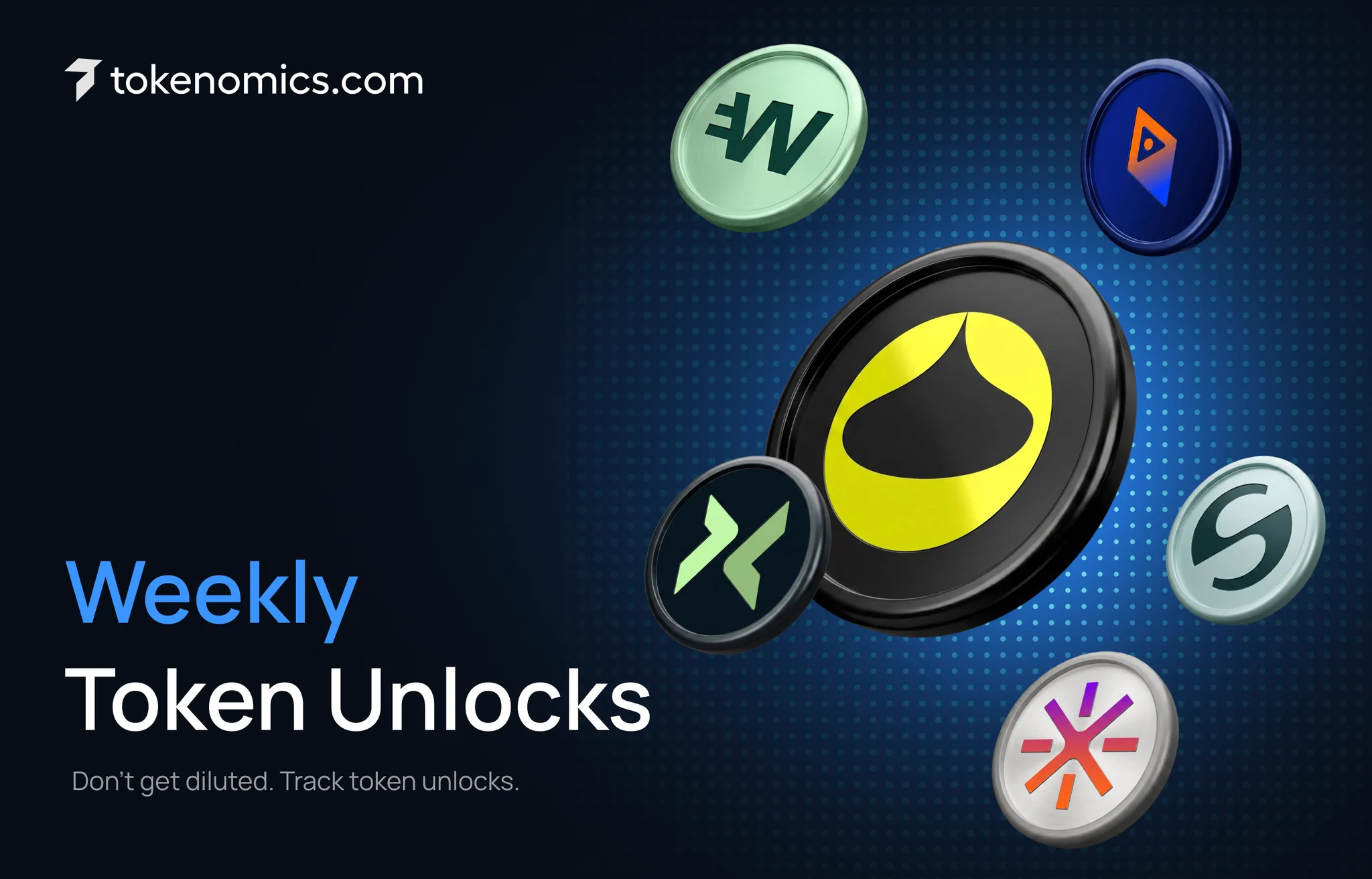 Announcement graphic from tokenomics․com titled Weekly Token Unlocks, with the caption Don't get diluted. Track token unlocks. Six 3D coins float over a dark blue dotted background, each carrying a project logo. Project figures are in the tweet text.