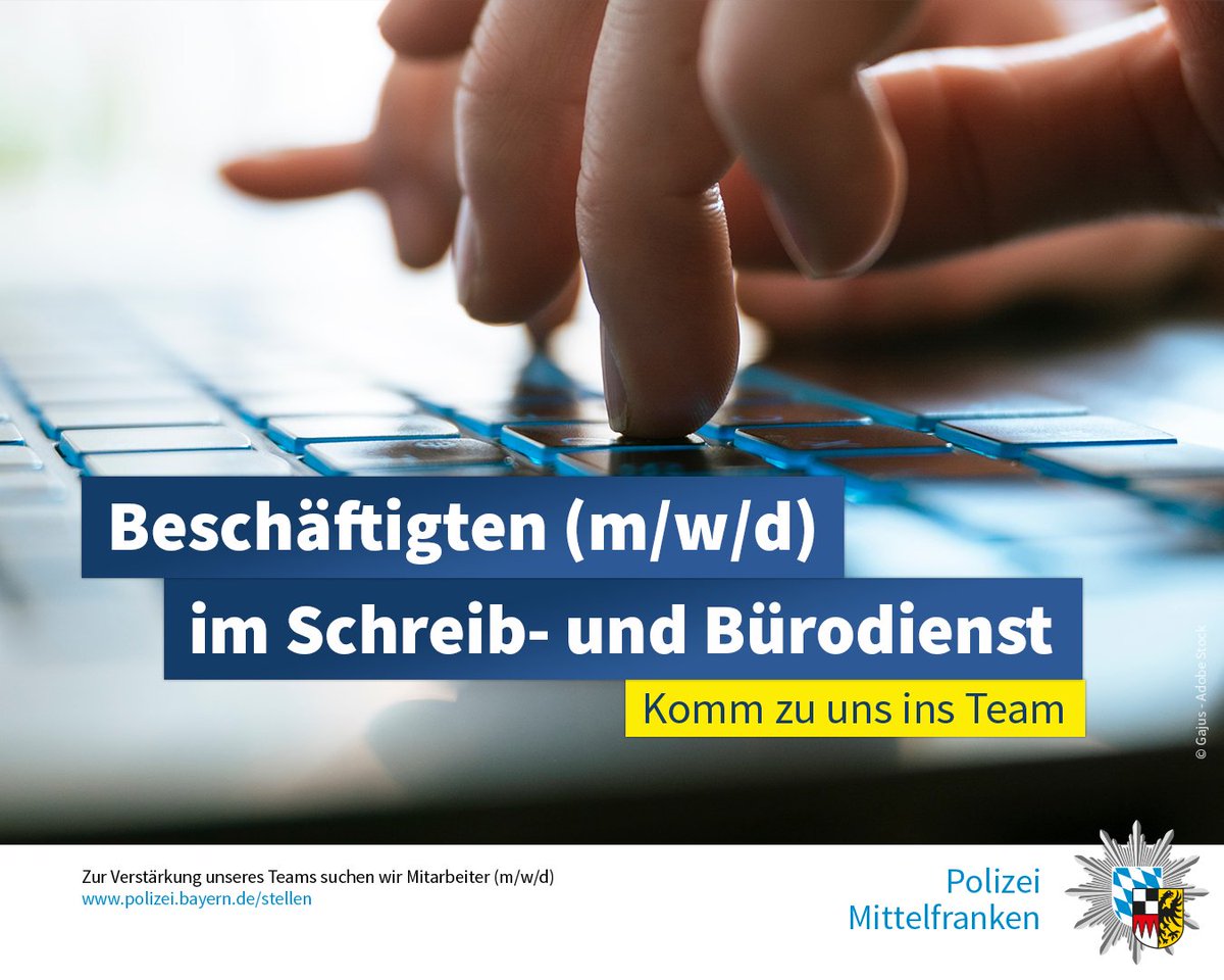 PolizeiMFR's tweet photo. +++ #Stellenagebot +++
Bei der Polizeiinspektion #Treuchtlingen suchen wir zum 01.11.2026 einen #Beschäftigten (m/w/d) im Schreib- und Bürodienst.
➡️ Eingruppierung: Entgeltgruppe 5 TV-L
➡️ Dienstort: Treuchtlingen
Weitere Infos unter:
▶️ https://t.co/J9vxKiqyXQ https://t.co/sWjc7Jzcs2