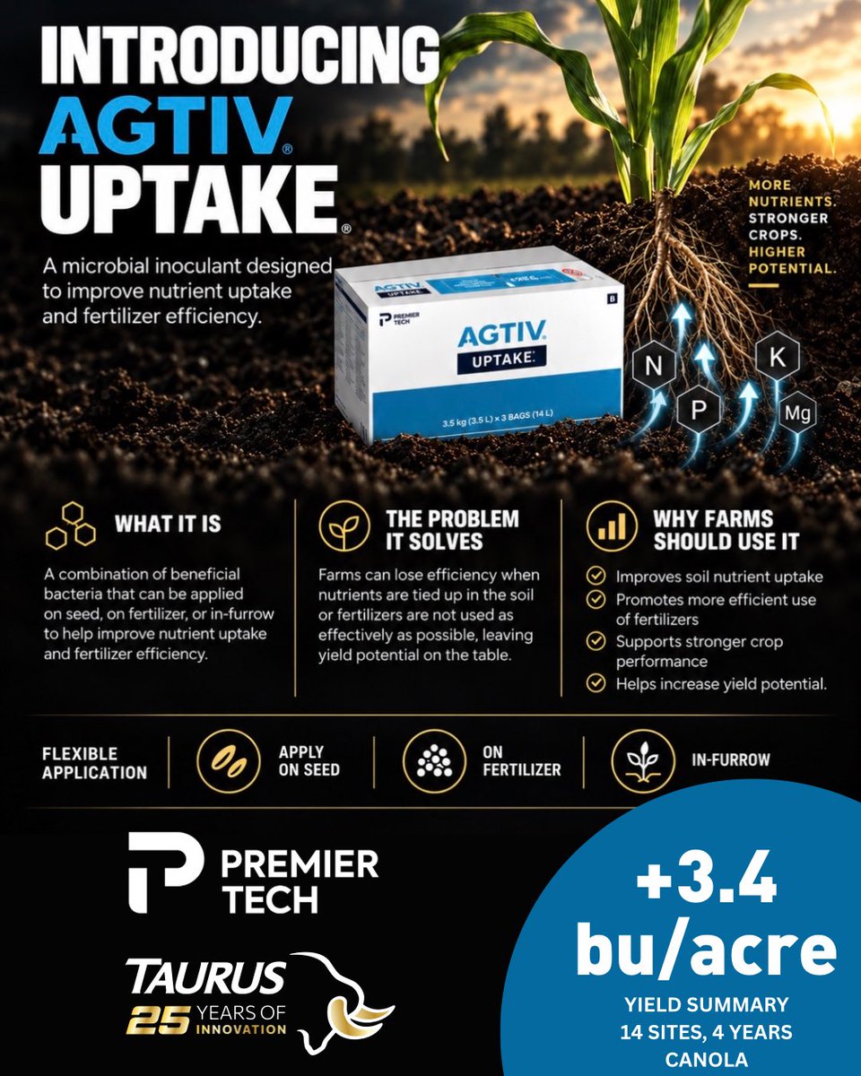TaurusAgTeam's tweet photo. AGTIV® UPTAKE helps your fertilizer work harder.

This microbial inoculant improves nutrient availability and uptake, helping crops access more of the fertility already in your program.

Across 14 Canadian sites over 4 years: +3.4 bu/ac average yield. https://t.co/vh5EPFd5h2