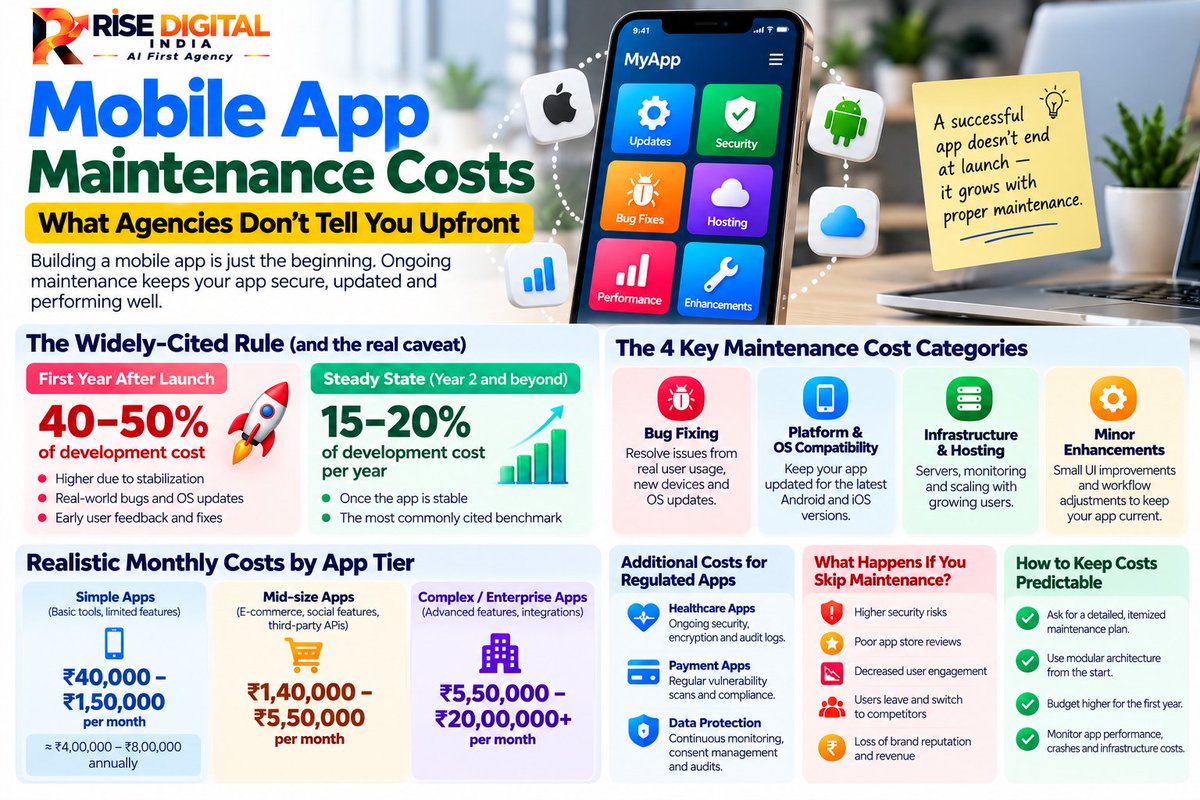 RiseDigital_Ind's tweet photo. 📱 Building an app is only half the investment.

Maintenance can include:

🔧 Bug fixes
📲 OS compatibility
☁️ Hosting &amp; infrastructure
✨ Minor enhancements
🔐 Security &amp; compliance

Plan for maintenance before launch.

#AppDevelopment #MobileApps #Tech https://t.co/f2Gb4TAo5c