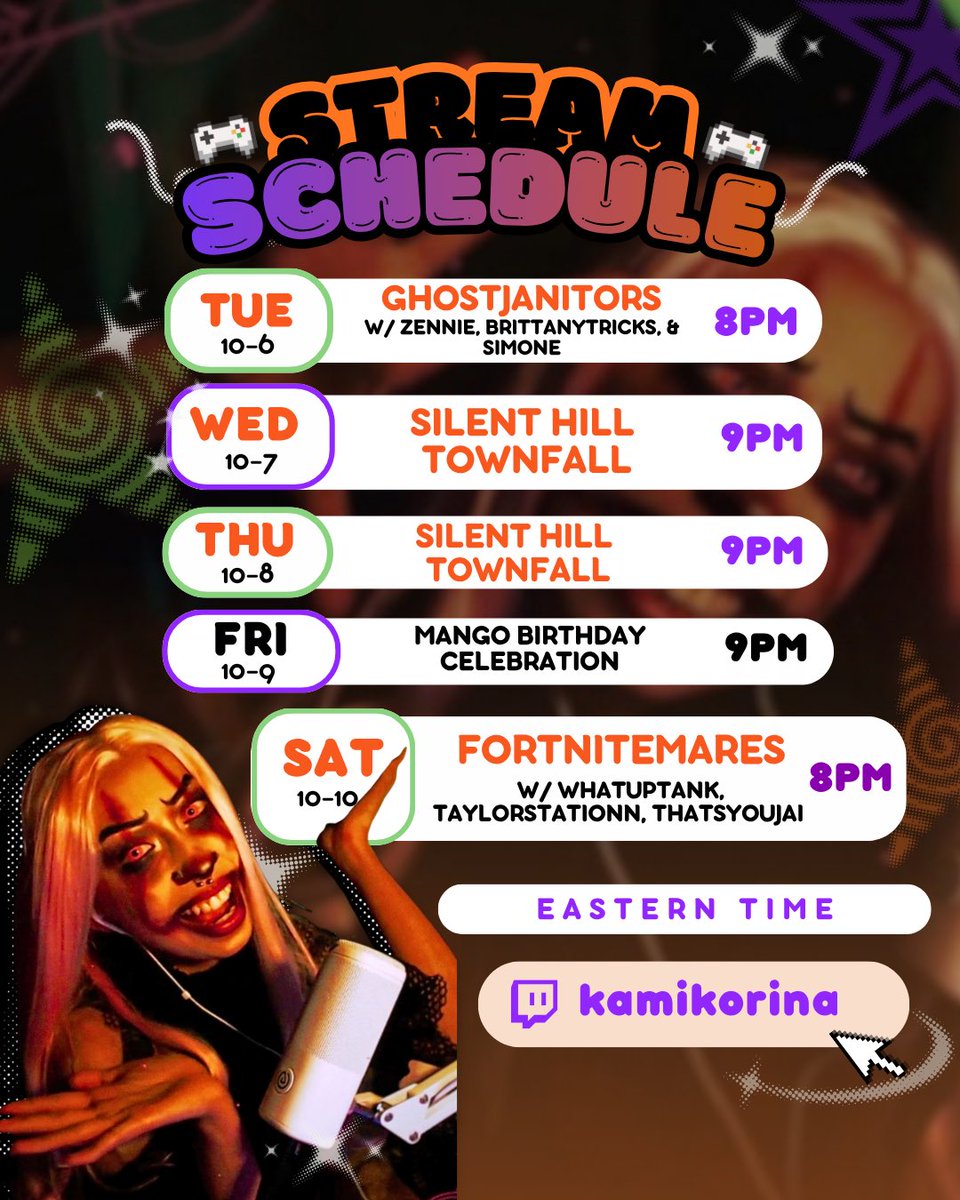 kamikorinaa's tweet photo. ˚.🎃 ᵎᵎ Week schedule, more horror, &amp; more screams 👻

(っ´ཀ`)っ We have more gaming but with Friends this week! Super excited to get together and try some new games with other amazing souls 🧡

⭐️ Don't miss out on more Halloween looks this week ⭐️

❥ https://t.co/6FI3vfPm7S https://t.co/5XG0rCRvYK
