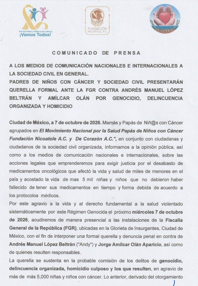 israelrivas_bas's tweet photo. COMUNICADO de Prensa acudiremos este próximo 07 de Octubre a las 11 horas ante la @FGRMexico  un grupo de madres y padres de niñ@s con cáncer y Ciudadanos a interponer formal denuncia contra @Andy López Beltran y Almicar Olan por el desvío de recursos en la Compra de medicamento https://t.co/UmRr3uBpSF