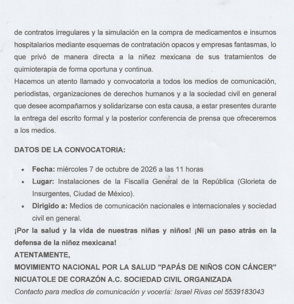 israelrivas_bas's tweet photo. COMUNICADO de Prensa acudiremos este próximo 07 de Octubre a las 11 horas ante la @FGRMexico  un grupo de madres y padres de niñ@s con cáncer y Ciudadanos a interponer formal denuncia contra @Andy López Beltran y Almicar Olan por el desvío de recursos en la Compra de medicamento https://t.co/UmRr3uBpSF