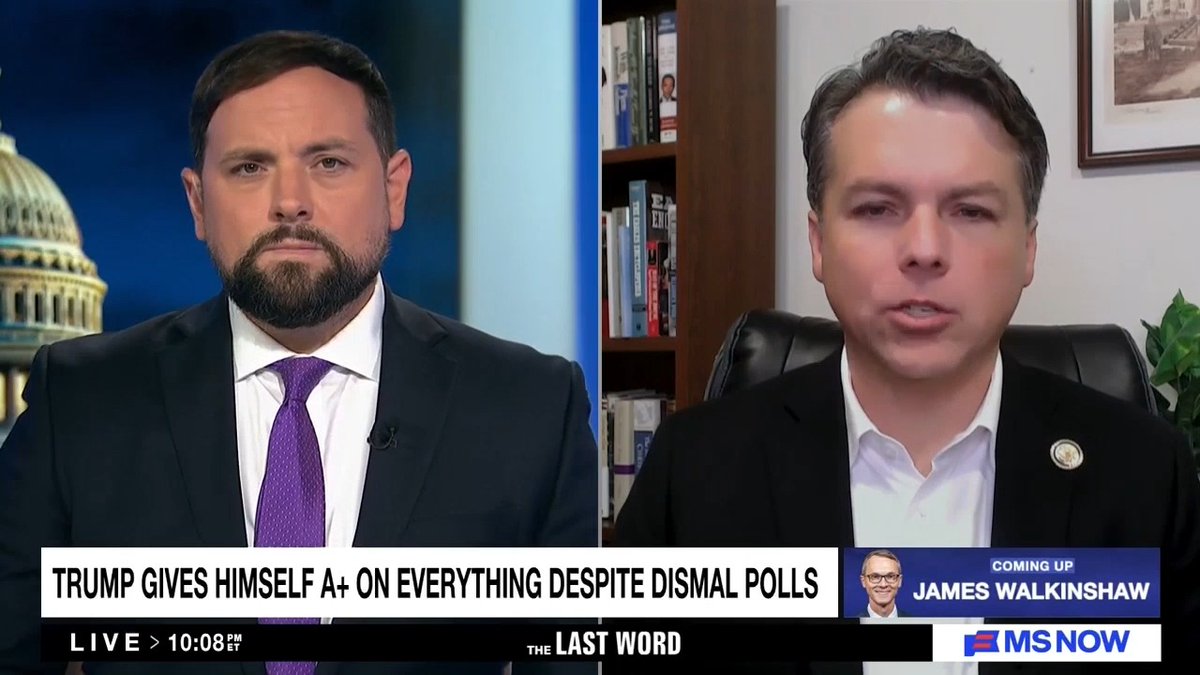An MSNOW news broadcast screenshot from 'The Last Word' shows two men in suits discussing the chyron 'TRUMP GIVES HIMSELF A+ ON EVERYTHING DESPITE DISMAL POLLS' with James Walkinshaw featured as coming up.