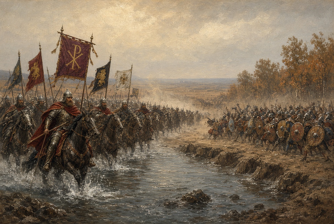 AncientHistDay's tweet photo. On October 5 in 456, Gothic king Theodoric II, sent by the western emperor Avitus, broke King Rechiarius and the Sueves on the river Urbicus, twelve miles from Astorga. Bishop Hydatius dates the fight to the third day before the Nones — a Friday — and writes that Suevic columns were cut down, captives taken, and the wounded king fled into the far edge of Gallaecia.

#OnThisDay #AncientHistory #BattleOfUrbicus #Visigoths #RomanEmpire