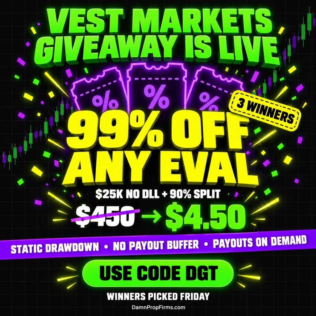 DamnGoodTrading's tweet photo. $70,000 in payouts in 4 days 🦍

this one's for everyone who's been cheering me on. time to give back

i'm giving away 3x 99% OFF codes for any @VestExchange eval

including my fav: the Bespoke $25k with no DLL + 90% profit split

that's $4.50 instead of $450

why i trade vest:
• static drawdown that never trails
• option to drop the daily loss limit completely
• no payout buffer
• payouts on demand, 24/7
• stocks, commodities, crypto + FX around the clock

to enter:
1. follow @damngoodtrading
2. like + repost
3. tag 2 traders who would fucking love static drawdown and no payout buffer with payouts on demand
4. add my chrome extension that saves you time and money 👉 https://t.co/ozcPuuPe9v

that's it. 3 winners chosen friday after market close

good luck 🐙

can't wait? use code DGT here to get started with vest 👉 https://t.co/RmhyQYT9Sw