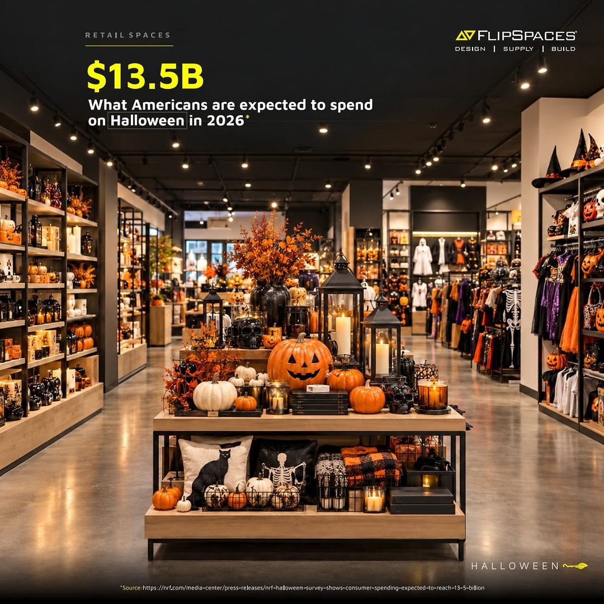 Flipspaces's tweet photo. $13.5B expected Halloween spend in the U.S. in 2026.
With shoppers starting earlier, retailers need spaces that work harder ,better layout, merchandising &amp; customer flow.
Bigger season. Smarter spaces.
#FlipspacesDesignLabs #RetailInteriors #VisualMerchandising #Halloween2026 https://t.co/r4w4e0fJaE
