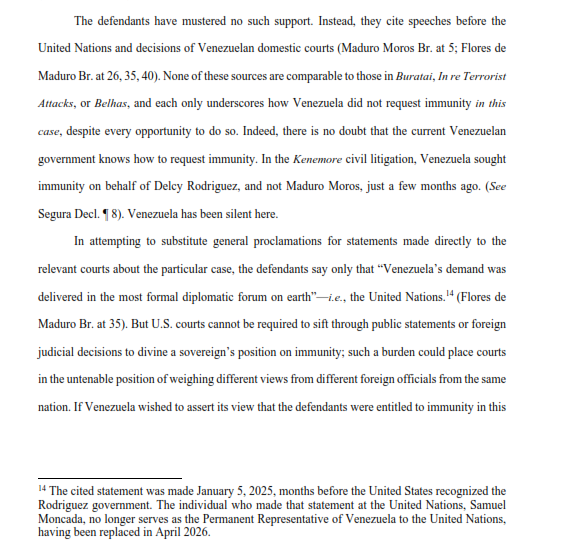 APjoshgoodman's tweet photo. Venezuela's "silence is devastating" to Maduro's claims that he is immune from U.S. criminal charges, prosecutors argue in new filing.

Unlike in other cases, where @delcyrodriguezv has asserted sovereign immunity for herself, lawyers for 🇻🇪have made no such claim for Maduro. https://t.co/uOsHBAJuWb