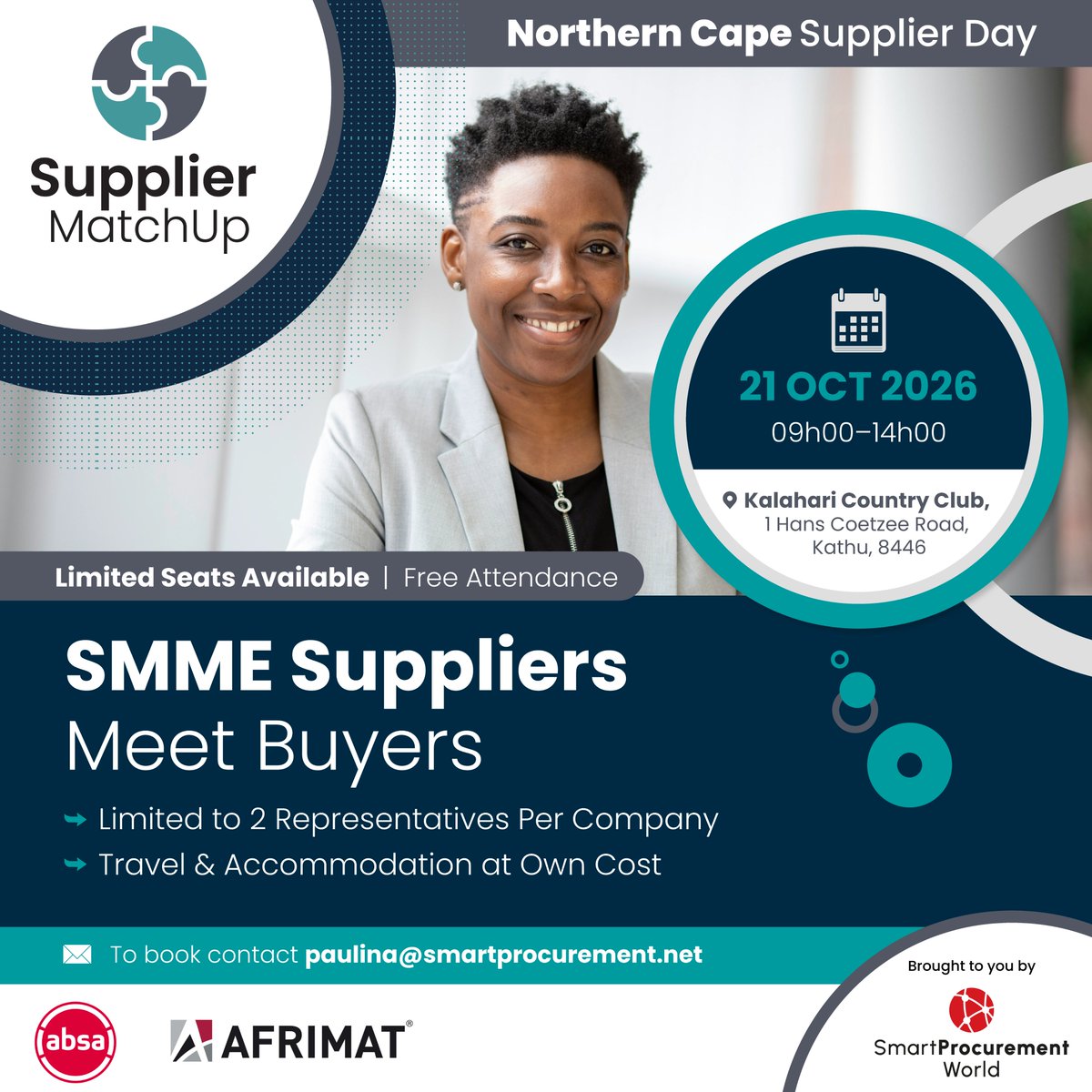 SmartProcure's tweet photo. Are you an SMME in the Northern Cape? Connect with new buyers at the Supplier Day on 21 October in Kathu. No-cost attendance for up to 2 representatives. Space is limited. Apply here https://t.co/2keOM6ts0g. #SupplierMatchUp #SupplierDay https://t.co/xr6NLvZMz6