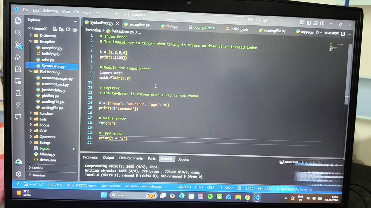 eryadav06's tweet photo. 🐍 Exploring Python one concept at a time | Currently learning Exception Handling | Turning errors into opportunities to learn 💡
Python learner 🚀 | Mastering Exception Handling, debugging, and writing cleaner code | #Python #Coding https://t.co/KzPEzxNYf8