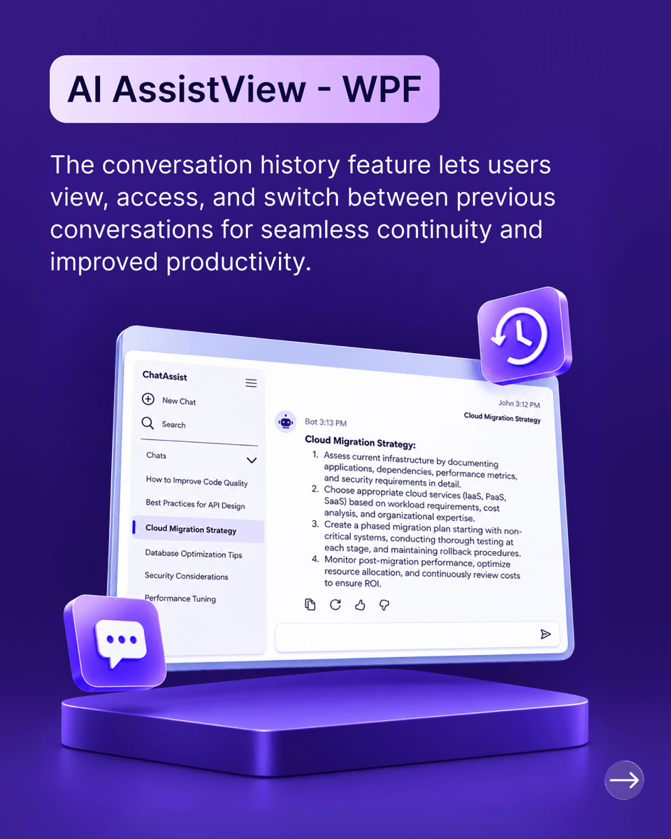 Syncfusion's tweet photo. Keeping previous AI conversations accessible makes it easier to continue where you left off.

Explore the latest conversation history capabilities in WPF AI AssistView 👇

#WPF #AI #AIAssist https://t.co/vsyr5m6Jta