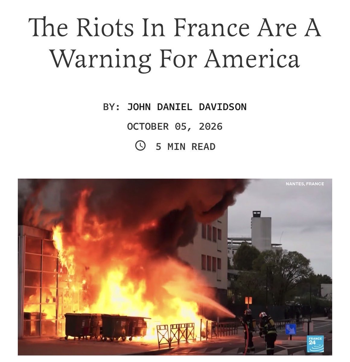 johnddavidson's tweet photo. In France, communists and Muslim migrants are testing their strength on the eve of national elections. These are above all ethnic riots, deployed as a show of force by the red-green alliance, which believes it’s strong enough to overpower the native majority. https://t.co/Qnh5WAGhhd
