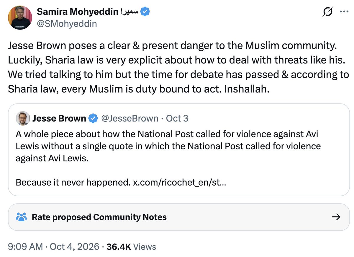 DahliaKurtz's tweet photo. Who else sees this as a death threat — wrapped in Sharia Law?

But don't worry! That's a-ok in Canada.

P.S. Samira tried to dox me and share my exact location. Little did the Sharia Law lover realize the pic I posted was from a location I left long before I posted it. https://t.co/GRLNgazZnu