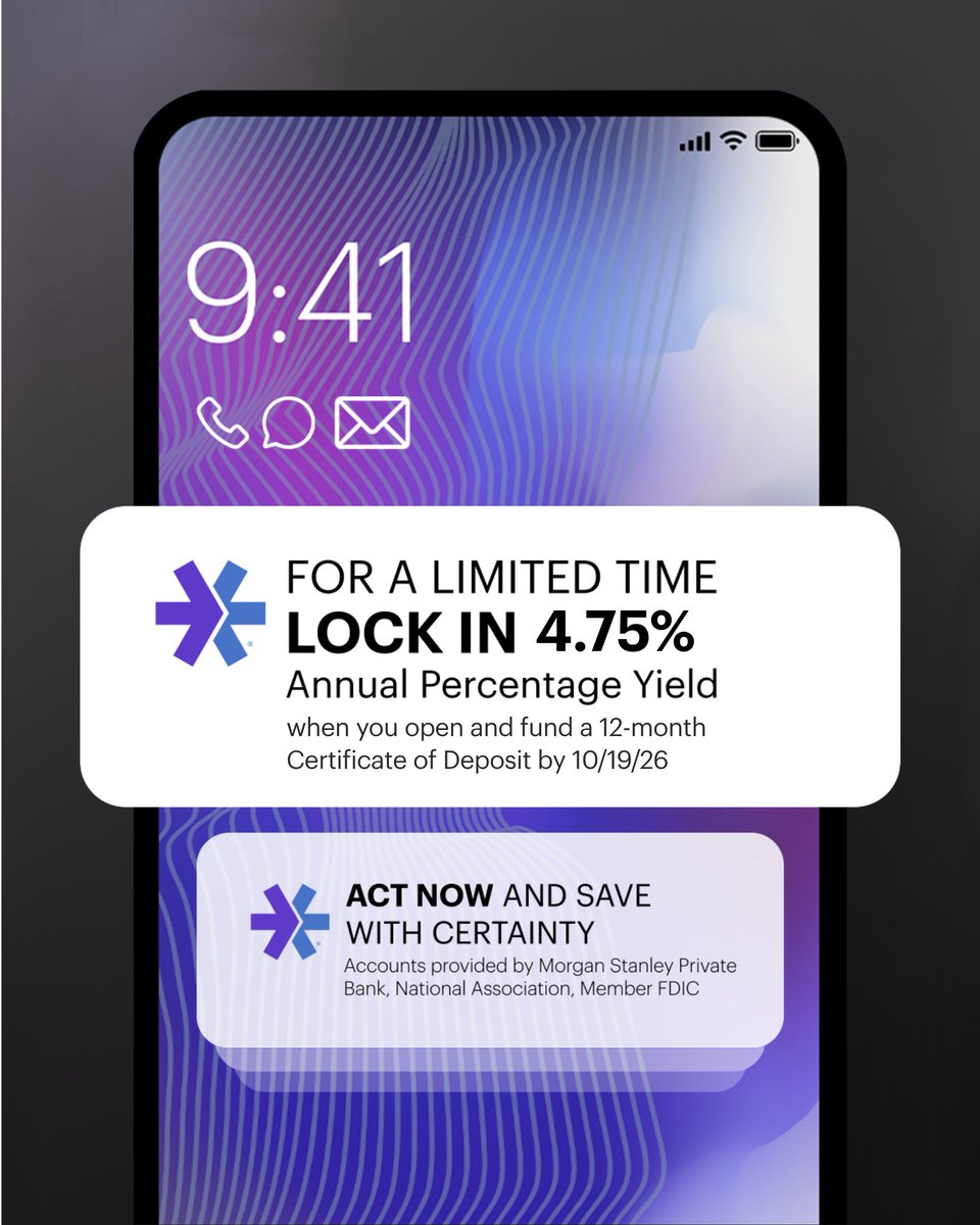 etrade's tweet photo. New alert 🚨 This limited-time offer won’t last. Open and fund a Certificate of Deposit account by 10/19/2026 to lock in a market-leading rate. https://t.co/d3WiCoha8E https://t.co/Bgz5H9l0P7