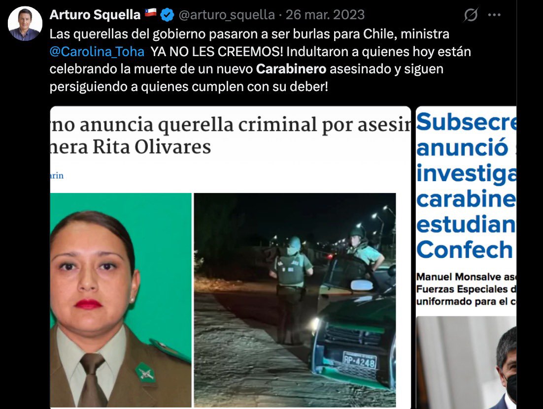 gonzalowinter's tweet photo. Ante la lamentable muerte de un carabinero, el presidente del partido de José Antonio Kast dice que no se puede politizar la muerte de un carabinero, que eso no corresponde y que a nadie podría ocurrírsele. Incluso afirma que nunca ha visto que alguien pida renuncias por la muerte de un carabinero.

Sin exagerar, la politización de la muerte de carabineros, la exigencia de renuncias tras cada fallecimiento y la instalación de la idea de que cada víctima de la delincuencia, y cada carabinero muerto en servicio, era responsabilidad directa del gobierno y del Presidente de la República fueron parte central de la estrategia opositora de José Antonio Kast durante el gobierno anterior.

Es impresionante que hoy puedan decir exactamente lo contrario sin que eso provoque siquiera un escándalo.