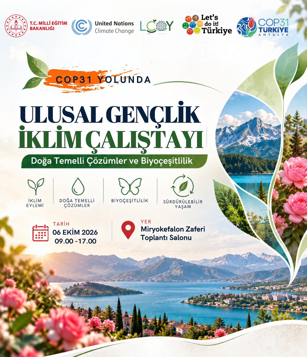 ispartamem's tweet photo. 📌 COP31 Yolunda Gençlerin İklim Sözleri Isparta’dan Yükselecek

🌍 Türkiye’nin ev sahipliğinde Antalya’da gerçekleştirilecek COP31 hazırlıkları kapsamında, Millî Eğitim Bakanlığımız tarafından 30 ilde yürütülen Gençlik İklim Çalıştaylarının Isparta buluşması gerçekleştirilecek.

🌿 “Doğa Temelli Çözümler ve Biyoçeşitlilik” temasıyla düzenlenecek çalıştayda öğrencilerimiz; iklim değişikliği, doğanın korunması ve biyoçeşitlilik üzerine görüşlerini paylaşacak, çalışma gruplarında çözüm ve politika önerileri geliştirecek.

📝 Çalıştayda ortaya çıkan görüş ve öneriler, Ulusal Gençlik İklim Bildirgesi hazırlıklarına katkı sunacak; gençlerimizin iklim geleceğine ilişkin fikirleri COP31 yolculuğunun bir parçası olacak.

🗓️ 6 Ekim 2026 | 09.00–17.00
📍 Miryokefalon Zaferi Toplantı Salonu

🌱 Isparta’nın gençleri düşünüyor, üretiyor, iklimin geleceğine sözünü söylüyor.
@tcmeb 
@Yusuf__Tekin 
@meb_ogm
@cengizmete
@ISPARTAVALILIK 
@Abdullah_Erin47 
@recai_ocak
