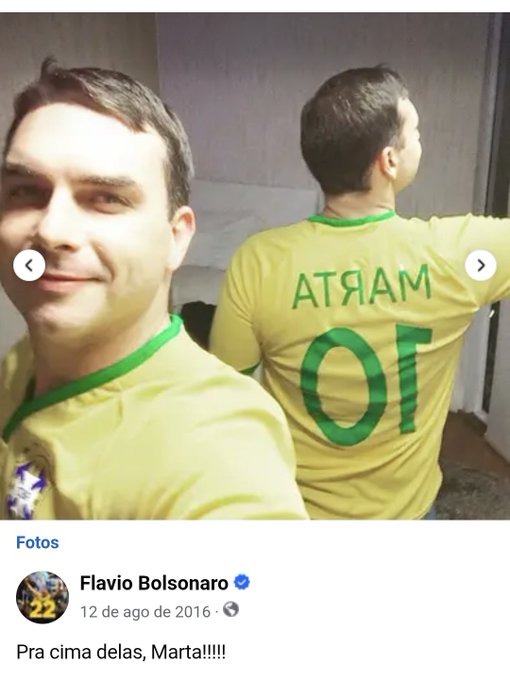 A 2016 Facebook post by Flavio Bolsonaro shows him posing in a yellow and green Brazil soccer jersey with "MARTA" and the number "10" on the back, accompanied by the caption "Pra cima delas, Marta!!!!!" ("Go get them, Marta!!!!"), referencing the legendary Brazilian women's soccer player. The image humorously undermines claims about threats to women's rights by highlighting his public support and admiration for one of the greatest female athletes in soccer history.