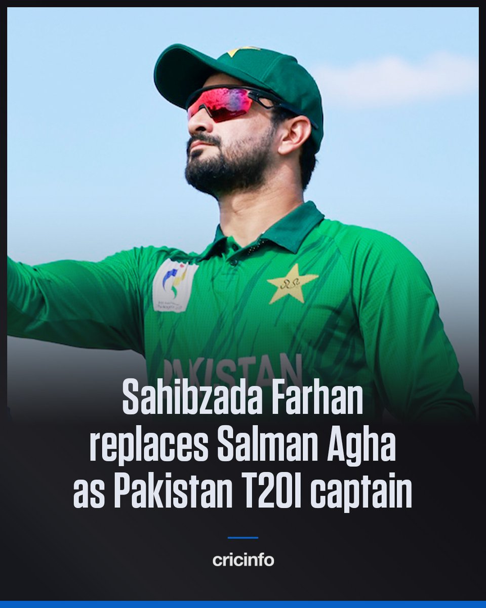 cricinfo's tweet photo. BREAKING: Salman Ali Agha has been sacked as Pakistan T20I captain. 

Sahibzada Farhan, who led Pakistan at the Asian Games, has been appointed captain for the upcoming three match T20I series against Sri Lanka https://t.co/3h5R8Qg6yB