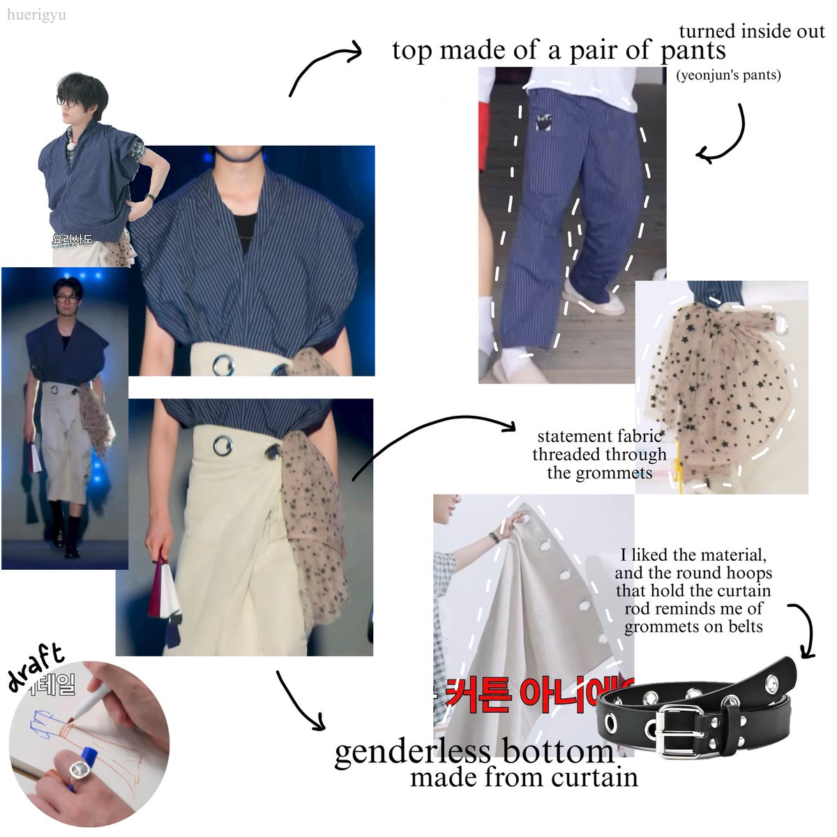huerigyu's tweet photo. beomgyu’s outfit design idea (executed with the help of the seamstress!) 
ㄴ top made from a pair of pants turned inside out
ㄴ skirt made of curtain
ㄴ fabric as added layer
ㄴ a folding fan 

we don’t talk about his sense of fashion and creativity enough!! https://t.co/qRDblguuPh