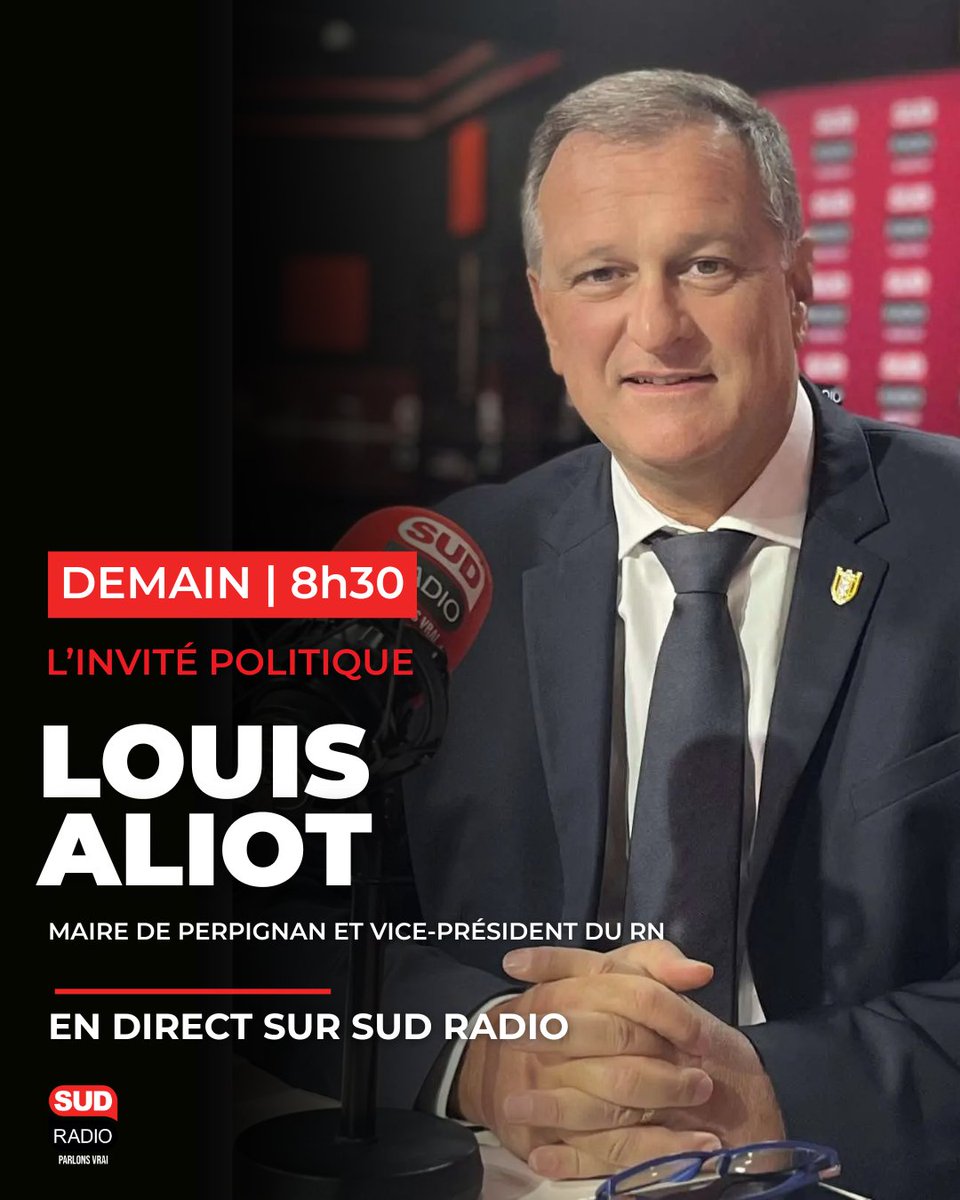 SudRadio's tweet photo. 🎙️ @louis_aliot, Maire de Perpignan et vice-président du RN, sera demain l'invité de Sud Radio, de 8h30 à 9h, au micro de @JacquesCardoze 

❓ Vous voulez poser une question à notre invité ? RDV en commentaire ou sur le répondeur au 0 826 300 300 https://t.co/EAZO8JevC0