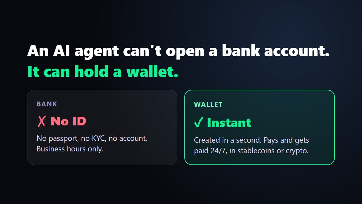 Chatple_com's tweet photo. @APompliano @jvisserlabs Agree. An agent can't walk into a bank and open an account, but it can spin up a wallet in a second. Once agents start paying each other for data and compute, stablecoins on fast chains are the obvious rails. https://t.co/Px3LHRlTEy