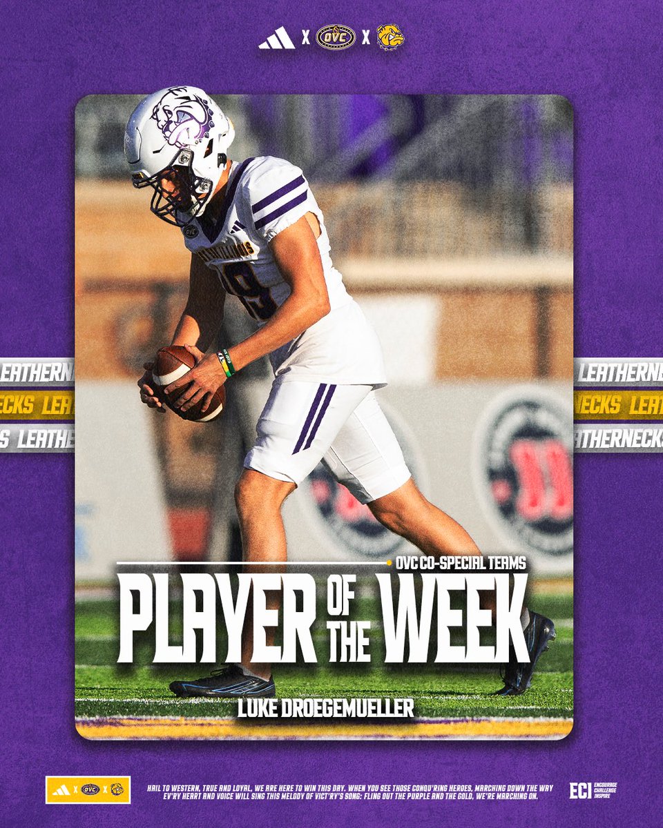 WIUFootball's tweet photo. OVC CO-SPECIAL TEAMS PLAYER OF THE WEEK🏆

Luke Droegemueller made his presence felt!

#GoNecks | #OneGoal | #ECI https://t.co/zWW2HCKkru