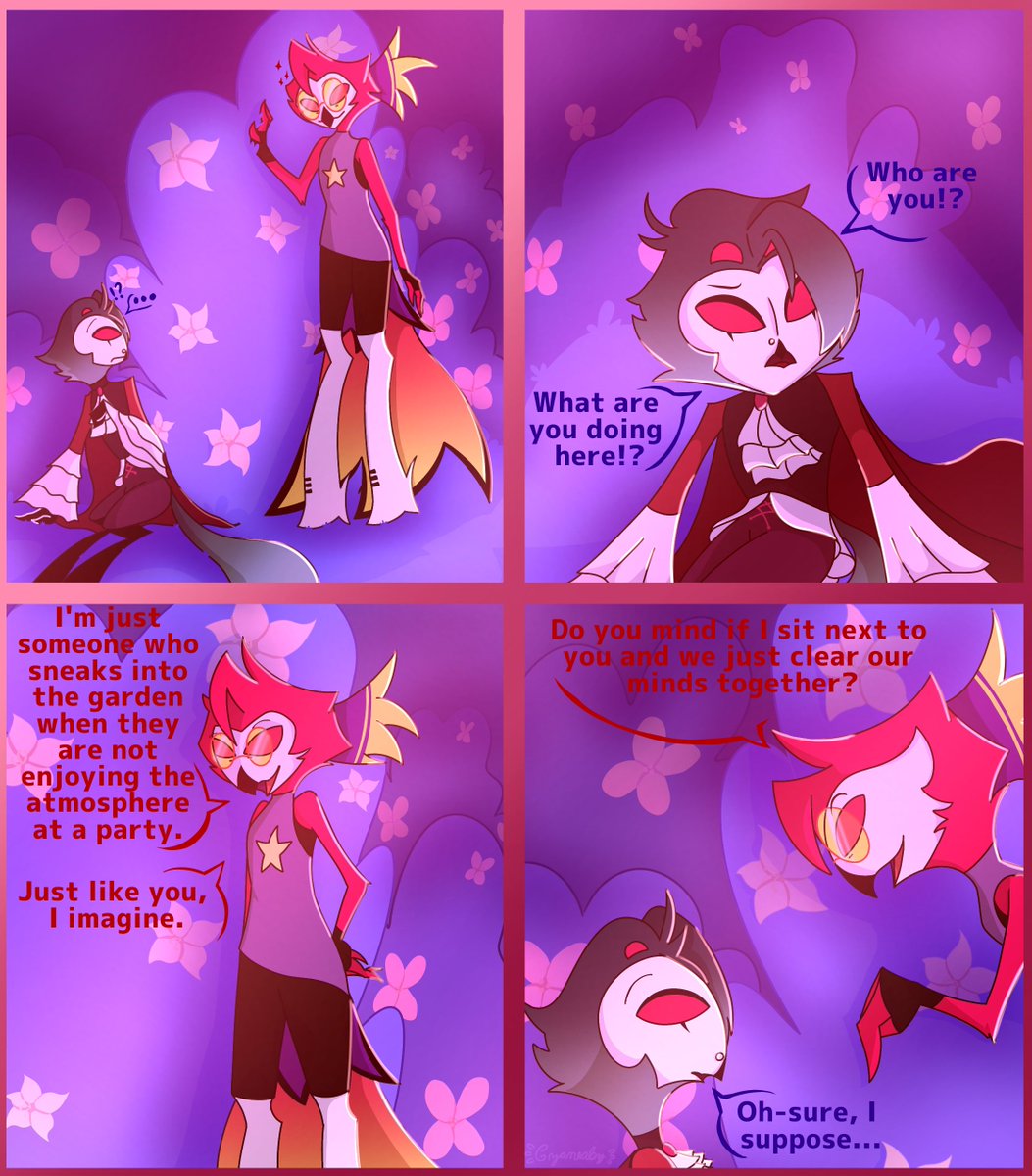 Cyaneaby's tweet photo. 1: First time talking to each other 💫

It's the first time I've done something like this, but it was fun to do. This is my favorite ship so I loved drawing them 💝 

@stolagoweek #stolas #vassago #StolagoWeek2026 #HelluvaBoss #Stolago #Stolassago #OwlStar https://t.co/SOb61opauD