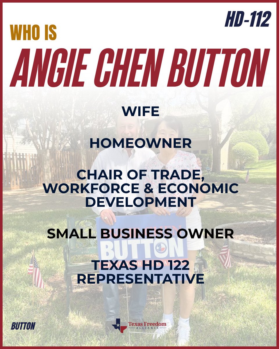TXFreeAlliance's tweet photo. 🌟 LEGISLATOR SPOTLIGHT 🌟

Texas Freedom Alliance is highlighting Rep. @AngieChenButton and her fight for House District 112 and North Texas.

Swipe through to learn more! 

We need strong conservative leaders back in Austin.

#txlege #northtexas #legislatorseries https://t.co/kRuvEZXaSu