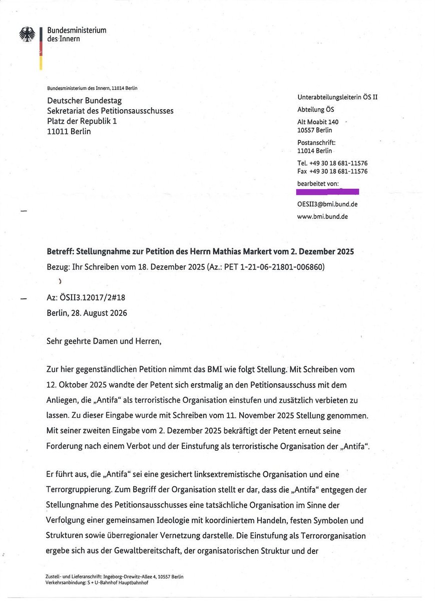 MathiasMarkert's tweet photo. Antifa Verbot. Antwort an mich aus dem Bundestag.
Ein voller Erfolg für mich, -kann ja nicht sagen für uns (würde ich gerne), stößt alles auf totale Ignoranz-, denn es kann NOCHMALS weitergehen! Klasse.
Ich bin erstaunt! Gegen Merz habe ich auch noch was am Laufen im Bundestag. Wenn ich jetzt weitermachen würde und mit helfen würde ... das wird ja schon richtig leicht. Der Bundestag bieten mir extra viel "Angriffs"fläche! Krass, oder?
Antifa Verbot und Einstufung der Antifa als Terrororganisation.
Der Bundestag hat mir geantwortet und meine Eingabe vorläufig abgelehnt und gewährt mir ERNEUT Frist, nachzulegen. Erstaunlich, oder?
Wer macht weiter? Ich habe kein Bock mehr, nochmal so viel Zeit aufzubringen, alles auf eigene Kappe zu machen und dann auf die volle Ignoranz zu stoßen, OBSCHON alle genau danach schreien.
Nochmals fast ein Jahr, alleine und umsonst, sprichwörtlich? Nöö, ich denke nicht.
Aber:
Wie man sieht, kann man als einfacher, normaler, gemeiner Bürger sogar ohne große Petition mit dem Bundestag reden. Ich finde das SUPER! Und alles sehr freundlich und höflich.

Und an dem langen Schreiben sieht man eindeutig, ich habe eine gute Arbeit abgeliefert, sie mussten sich große Mühe geben und man liest, ich liege doch richtig.
Leider bekam ich seit Dezember letzten Jahres trotz meiner Bitten und Aufforderungen, mitzumachen, sich einzubringen. mir zu helfen, vor allem die aktuellen Verbrechen als Beweismaterial an den Bundestag zu liefern, Unterstützung und Hilfe von EUCH genau: NULL.

Obschon meine Kollegen Staats- und Verfassungsrechtler theoretisch genau das sagen, was ich vorbrachte und ALLE genau das wollen, was ich begann geltend zu machen, kam wirklich NICHTS von Euch. Maassen @HGMaassen hatte besonders oft gefordert: Antifa müsse verboten werden. Aber halt wie immer nichts gemacht. 

Das ist schon sehr schwach, oder? Aber nicht von mir.
Sondern von meinen Kollegen und der ganzen alternativen Medienszene.
Bei den Linken gibt es sowas definitiv nicht. Die sind da loyal zueinander und helfen sich gegenseitig.
Stellt Euch vor, nur ein paar Zehntausend Mitmacher/ Unterstützer/ Einsender hätte es gegeben, das ist keine Zahl .. es müssten Millionen sein ... baaahh, man ... aber ist nicht zu machen unter uns "Aufgewachten und Aufgeklärten"!

Hier zum Nachlesen, der Vorgang, der Stand der Dinge in den Links:

AntifaVerbot TerrorAntifa Antifa-Verbot
Mein Widerspruch an den Bundestag auf deren Schreiben an mich vom 11. November 2025, Zeichen Bundestag: PET 1-21-06-21801-006860:
Forderung nach Einstufung der Antifa als Terrororganisation oder/ und Verbot zwecks Schutz der öffentlichen Sicherheit und der demokratischen Grundordnung sowie Bewertung als linksextremistische Organisation oder/ und Gruppierung.
https://t.co/866qe7K8OU
x
https://t.co/gX4Yu9ySCp
telegram
https://t.co/bvU4h8V2oT
Schaut rein in das Projekt, lest Euch ein, macht mit, helft mir dabei, legt was in meinen Strafverfolgungsfonds ein. So ihr mögt.

Kritik bitte nur von jenen, die auch etwas in der Art unternehmen und etwas zu vermelden haben, dass etwas läuft. Andere Kritik bringt mir nichts. Bitte um Verständnis. Okay?
Unterstützung, Ideen, Hilfen, Lösungsvorschläge gerne von allen. Was ja niemand macht. Gute Nacht. 😌😌😃Ist egal, ich mache nur Spaß und witzele nur. Darf ja auch sein, oder?

Weitere Texte von mir im Laufe des Projektes:
AntifaVerbot, Verbotsverfahren, gesichert Linksextrem, Terror, Terrororganisation

Herr Maassen! Sind Sie dabei oder wieder nicht. Machen auch Sie sich ehrlich und lassen all den Worten Taten folgen?

Link wie oben

Also tun wir, was wir wollen und sagen, oder?
Du und ich, WIR alle können helfen, auf ein „Verbot“ der Antifa hinzuwirken. Wie das geht, erläutere ich unten. Zusammenarbeit zwischen Bürger und Partei. Das erste Mal in der jüngeren Geschichte.
Hier das Schreiben, das der Bundestag mir inzwischen auch bestätigt hat:

Links wie oben schon

An den dt. Bundestag: Forderung nach Einstufung der Antifa als Terrororganisation und Verbot – Schutz der öffentlichen Sicherheit und der demokratischen Grundordnung sowie Bewertung als linksextremistische Organisation.

Links zu den Beiträgen wie oben

Nehmt den Brief von mir, baut ihn nach Euren Vorstellungen um, oder lasst ihn so, ergänzt, erweitert oder kürzt ihn und sendet den an den Bundestag oder/ und die Landesparlamente Eurer Wahl, Eures Wohnortes und adressiert den an den Abgeordneten oder/ und die Fraktion Eures Vertrauens mit der Bitte, dieses Anliegen einzubauen, vorzubringen.
So wer mag. Oder unterstützt mich bei weiterer Verbreitung und Ausdehnung dieses Projektes.
Danke fürs Lesen und die Aufmerksamkeit.

Mittel, die uns zur Verfügung stehen, sollte man auch nutzen. Das auf der Straße liegen zu lassen halte ich für nicht klug.
Und es wäre das ERSTE MAL, dass in Deutschland der Bürger, das Volk direkt mit einer Partei zusammenarbeite, um seine Interessen kundzutun und durchzusetzen.
Macht mit! Wer mag und will. Wenn Fragen, Anregungen, Tipps, Hinweise da sind, her damit.

Die #Antifa auch als Sekte? Und es seien gar Terroristen? Das wird auch ein- und vorgebracht. Ja, kann ich mir vorstellen, kann man auch prüfen.
Jedenfalls nun:
Worten Taten folgen lassen? Ja? oder NEIN? Oder doch JA?! Uns ehrlich machen? Los geht’ s!
An den dt. Bundestag: Forderung nach Einstufung der Antifa als Terrororganisation und Verbot – Schutz der öffentlichen Sicherheit und der demokratischen Grundordnung sowie Bewertung als linksextremistische Organisation.