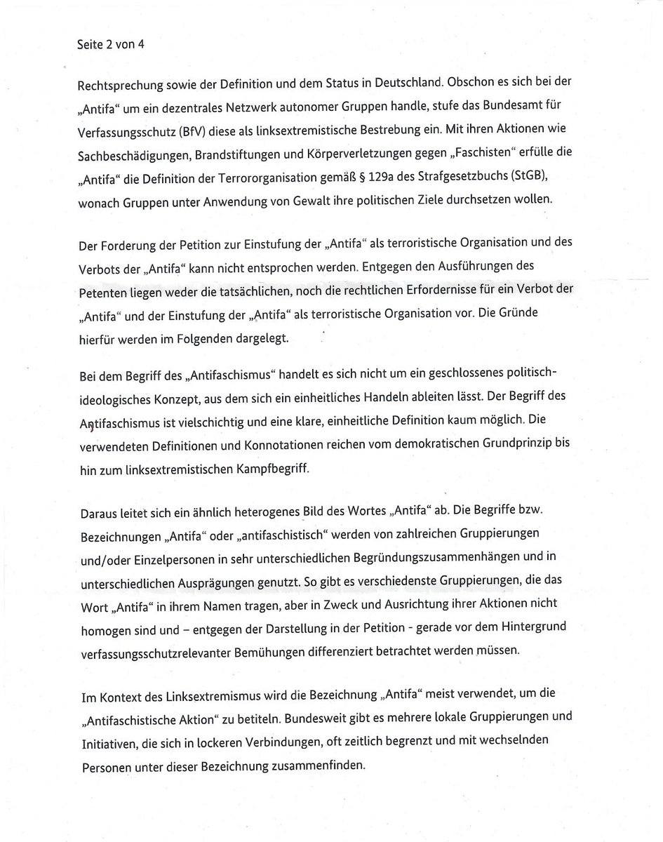 MathiasMarkert's tweet photo. Antifa Verbot. Antwort an mich aus dem Bundestag.
Ein voller Erfolg für mich, -kann ja nicht sagen für uns (würde ich gerne), stößt alles auf totale Ignoranz-, denn es kann NOCHMALS weitergehen! Klasse.
Ich bin erstaunt! Gegen Merz habe ich auch noch was am Laufen im Bundestag. Wenn ich jetzt weitermachen würde und mit helfen würde ... das wird ja schon richtig leicht. Der Bundestag bieten mir extra viel "Angriffs"fläche! Krass, oder?
Antifa Verbot und Einstufung der Antifa als Terrororganisation.
Der Bundestag hat mir geantwortet und meine Eingabe vorläufig abgelehnt und gewährt mir ERNEUT Frist, nachzulegen. Erstaunlich, oder?
Wer macht weiter? Ich habe kein Bock mehr, nochmal so viel Zeit aufzubringen, alles auf eigene Kappe zu machen und dann auf die volle Ignoranz zu stoßen, OBSCHON alle genau danach schreien.
Nochmals fast ein Jahr, alleine und umsonst, sprichwörtlich? Nöö, ich denke nicht.
Aber:
Wie man sieht, kann man als einfacher, normaler, gemeiner Bürger sogar ohne große Petition mit dem Bundestag reden. Ich finde das SUPER! Und alles sehr freundlich und höflich.

Und an dem langen Schreiben sieht man eindeutig, ich habe eine gute Arbeit abgeliefert, sie mussten sich große Mühe geben und man liest, ich liege doch richtig.
Leider bekam ich seit Dezember letzten Jahres trotz meiner Bitten und Aufforderungen, mitzumachen, sich einzubringen. mir zu helfen, vor allem die aktuellen Verbrechen als Beweismaterial an den Bundestag zu liefern, Unterstützung und Hilfe von EUCH genau: NULL.

Obschon meine Kollegen Staats- und Verfassungsrechtler theoretisch genau das sagen, was ich vorbrachte und ALLE genau das wollen, was ich begann geltend zu machen, kam wirklich NICHTS von Euch. Maassen @HGMaassen hatte besonders oft gefordert: Antifa müsse verboten werden. Aber halt wie immer nichts gemacht. 

Das ist schon sehr schwach, oder? Aber nicht von mir.
Sondern von meinen Kollegen und der ganzen alternativen Medienszene.
Bei den Linken gibt es sowas definitiv nicht. Die sind da loyal zueinander und helfen sich gegenseitig.
Stellt Euch vor, nur ein paar Zehntausend Mitmacher/ Unterstützer/ Einsender hätte es gegeben, das ist keine Zahl .. es müssten Millionen sein ... baaahh, man ... aber ist nicht zu machen unter uns "Aufgewachten und Aufgeklärten"!

Hier zum Nachlesen, der Vorgang, der Stand der Dinge in den Links:

AntifaVerbot TerrorAntifa Antifa-Verbot
Mein Widerspruch an den Bundestag auf deren Schreiben an mich vom 11. November 2025, Zeichen Bundestag: PET 1-21-06-21801-006860:
Forderung nach Einstufung der Antifa als Terrororganisation oder/ und Verbot zwecks Schutz der öffentlichen Sicherheit und der demokratischen Grundordnung sowie Bewertung als linksextremistische Organisation oder/ und Gruppierung.
https://t.co/866qe7K8OU
x
https://t.co/gX4Yu9ySCp
telegram
https://t.co/bvU4h8V2oT
Schaut rein in das Projekt, lest Euch ein, macht mit, helft mir dabei, legt was in meinen Strafverfolgungsfonds ein. So ihr mögt.

Kritik bitte nur von jenen, die auch etwas in der Art unternehmen und etwas zu vermelden haben, dass etwas läuft. Andere Kritik bringt mir nichts. Bitte um Verständnis. Okay?
Unterstützung, Ideen, Hilfen, Lösungsvorschläge gerne von allen. Was ja niemand macht. Gute Nacht. 😌😌😃Ist egal, ich mache nur Spaß und witzele nur. Darf ja auch sein, oder?

Weitere Texte von mir im Laufe des Projektes:
AntifaVerbot, Verbotsverfahren, gesichert Linksextrem, Terror, Terrororganisation

Herr Maassen! Sind Sie dabei oder wieder nicht. Machen auch Sie sich ehrlich und lassen all den Worten Taten folgen?

Link wie oben

Also tun wir, was wir wollen und sagen, oder?
Du und ich, WIR alle können helfen, auf ein „Verbot“ der Antifa hinzuwirken. Wie das geht, erläutere ich unten. Zusammenarbeit zwischen Bürger und Partei. Das erste Mal in der jüngeren Geschichte.
Hier das Schreiben, das der Bundestag mir inzwischen auch bestätigt hat:

Links wie oben schon

An den dt. Bundestag: Forderung nach Einstufung der Antifa als Terrororganisation und Verbot – Schutz der öffentlichen Sicherheit und der demokratischen Grundordnung sowie Bewertung als linksextremistische Organisation.

Links zu den Beiträgen wie oben

Nehmt den Brief von mir, baut ihn nach Euren Vorstellungen um, oder lasst ihn so, ergänzt, erweitert oder kürzt ihn und sendet den an den Bundestag oder/ und die Landesparlamente Eurer Wahl, Eures Wohnortes und adressiert den an den Abgeordneten oder/ und die Fraktion Eures Vertrauens mit der Bitte, dieses Anliegen einzubauen, vorzubringen.
So wer mag. Oder unterstützt mich bei weiterer Verbreitung und Ausdehnung dieses Projektes.
Danke fürs Lesen und die Aufmerksamkeit.

Mittel, die uns zur Verfügung stehen, sollte man auch nutzen. Das auf der Straße liegen zu lassen halte ich für nicht klug.
Und es wäre das ERSTE MAL, dass in Deutschland der Bürger, das Volk direkt mit einer Partei zusammenarbeite, um seine Interessen kundzutun und durchzusetzen.
Macht mit! Wer mag und will. Wenn Fragen, Anregungen, Tipps, Hinweise da sind, her damit.

Die #Antifa auch als Sekte? Und es seien gar Terroristen? Das wird auch ein- und vorgebracht. Ja, kann ich mir vorstellen, kann man auch prüfen.
Jedenfalls nun:
Worten Taten folgen lassen? Ja? oder NEIN? Oder doch JA?! Uns ehrlich machen? Los geht’ s!
An den dt. Bundestag: Forderung nach Einstufung der Antifa als Terrororganisation und Verbot – Schutz der öffentlichen Sicherheit und der demokratischen Grundordnung sowie Bewertung als linksextremistische Organisation.
